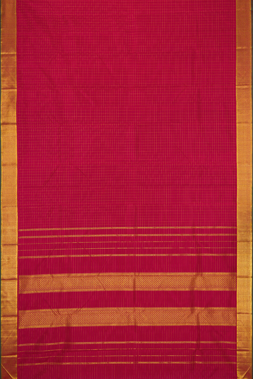 Flat view of Maroon Dual Tone Kanchipuram Silk Saree with Checked design on the body and Zari Border. 