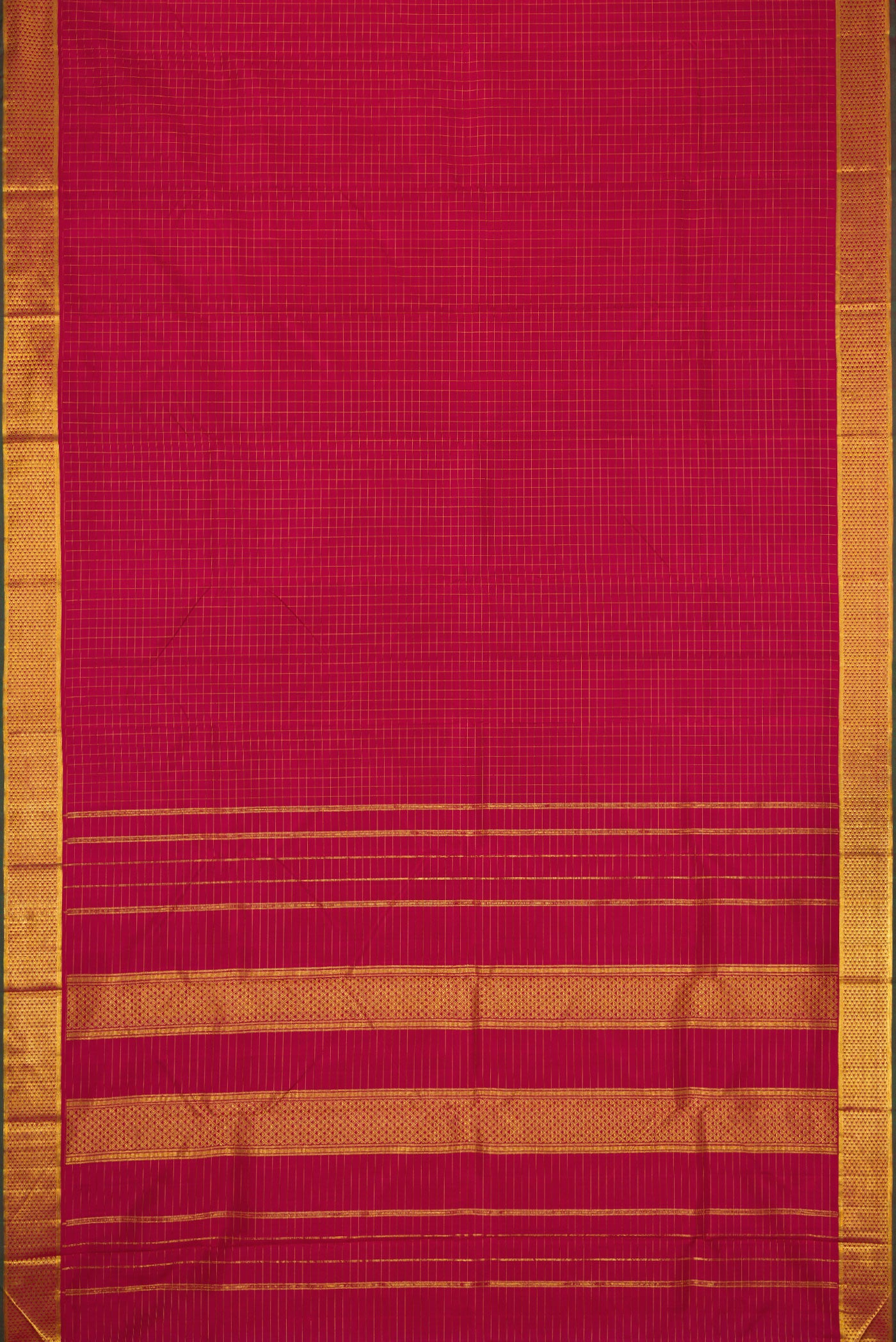 Flat view of Maroon Dual Tone Kanchipuram Silk Saree with Checked design on the body and Zari Border. 