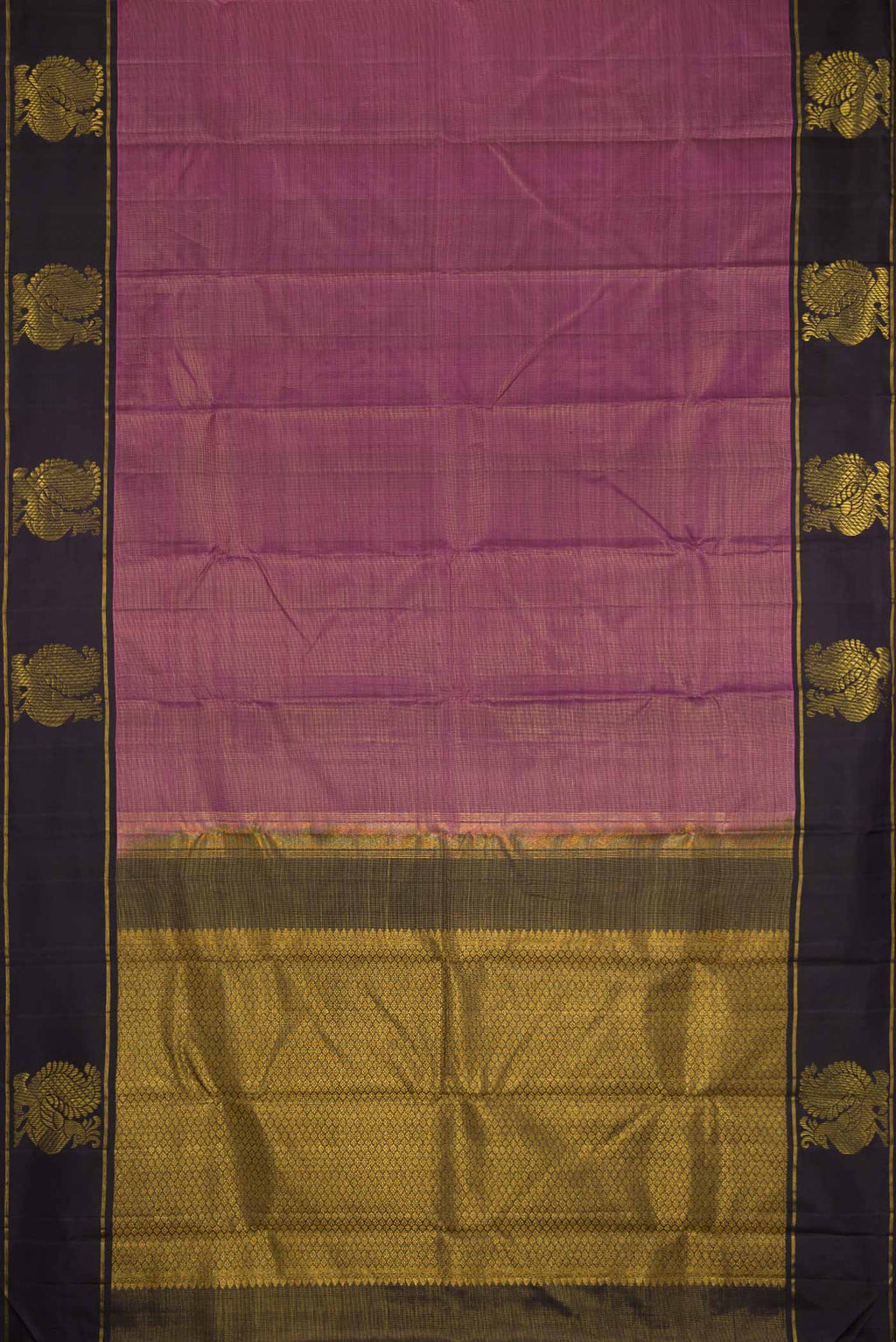 Flat view of Pink Dual Tone Kanjivaram Silk Saree with Zari Butta on the body and Zari Border. 
