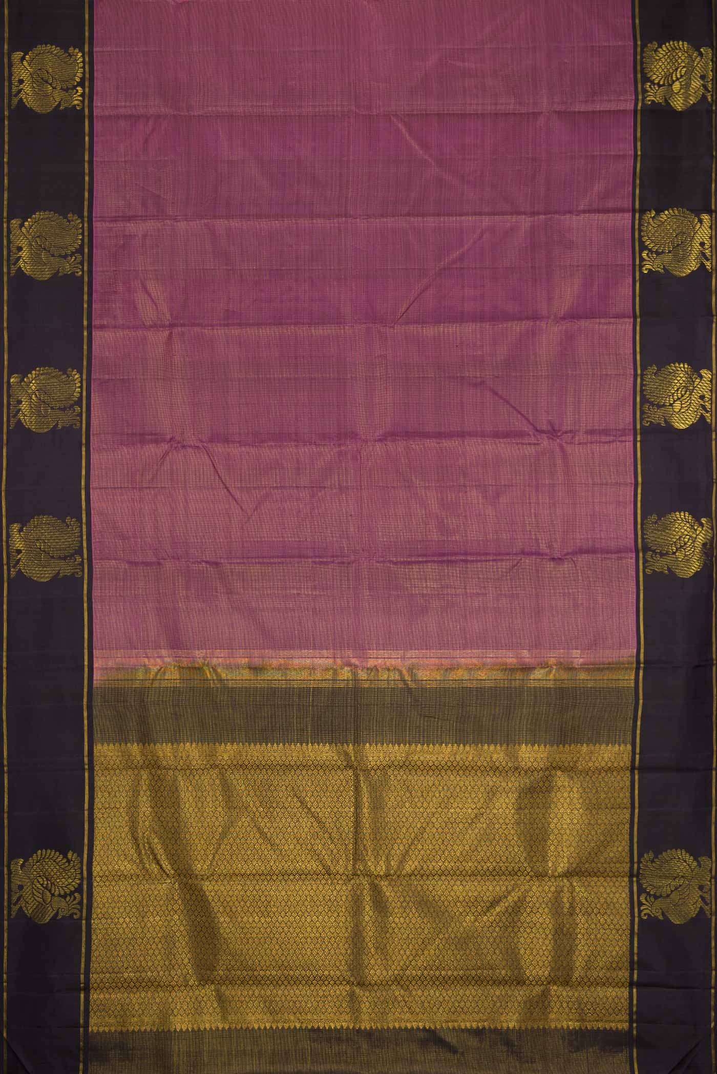 Flat view of Pink Dual Tone Kanjivaram Silk Saree with Zari Butta on the body and Zari Border. 