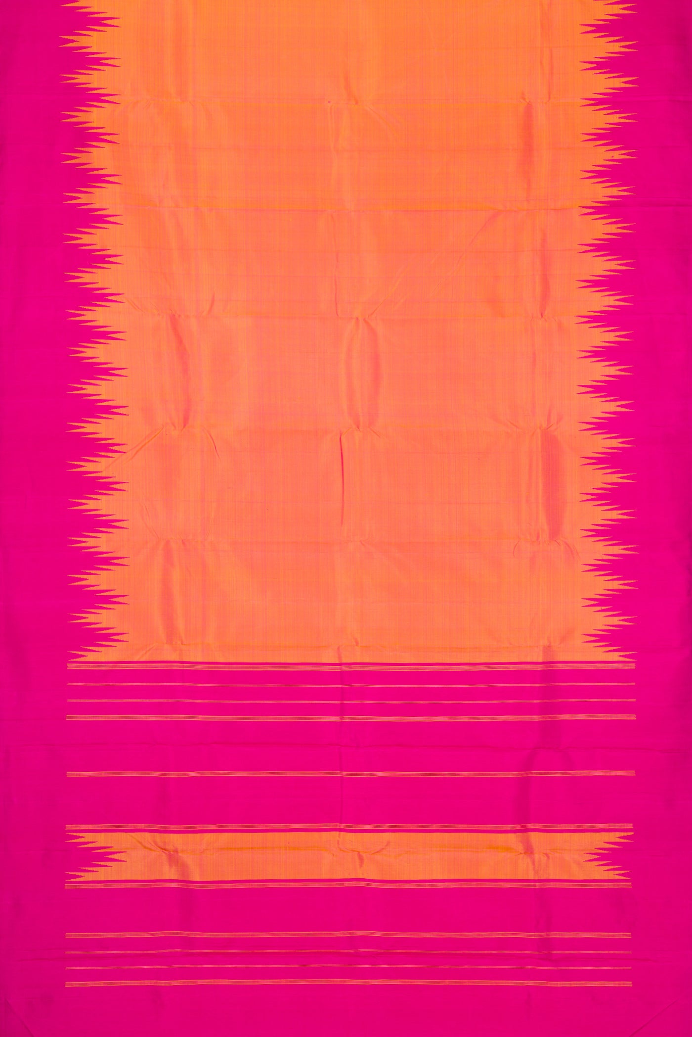 Flat view of Orange Dual Tone Kanchipuram Silk Saree with Plain Body and Temple Border. 