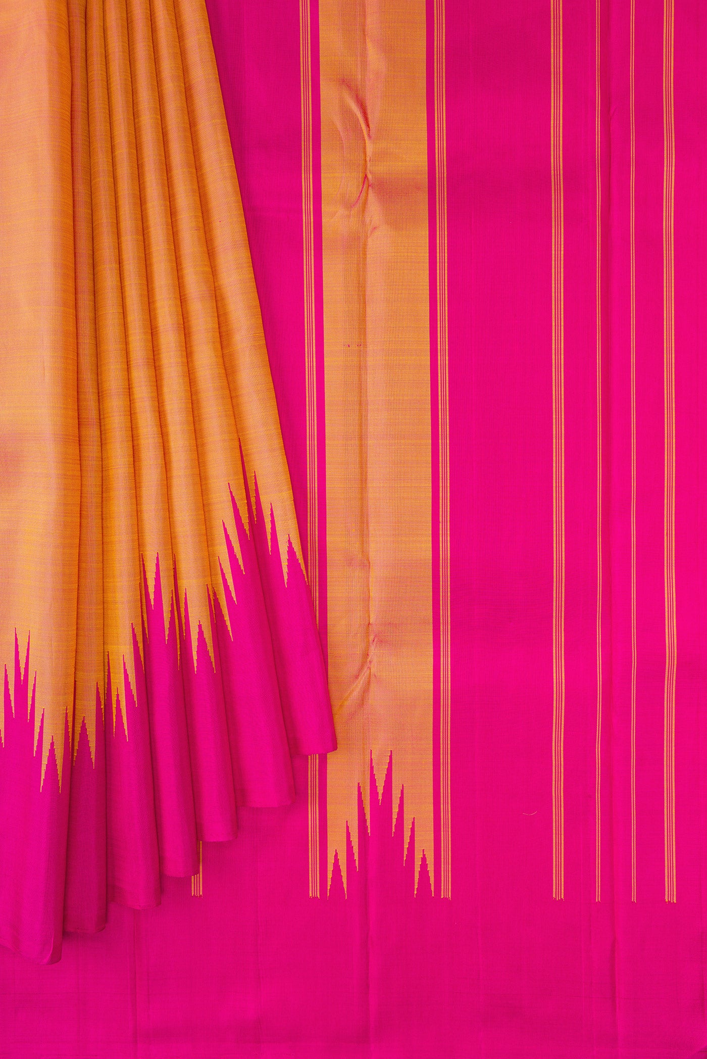 Pleats and pallu of Orange Dual Tone Kanchipuram Silk Saree with Plain Body and Temple Border. 