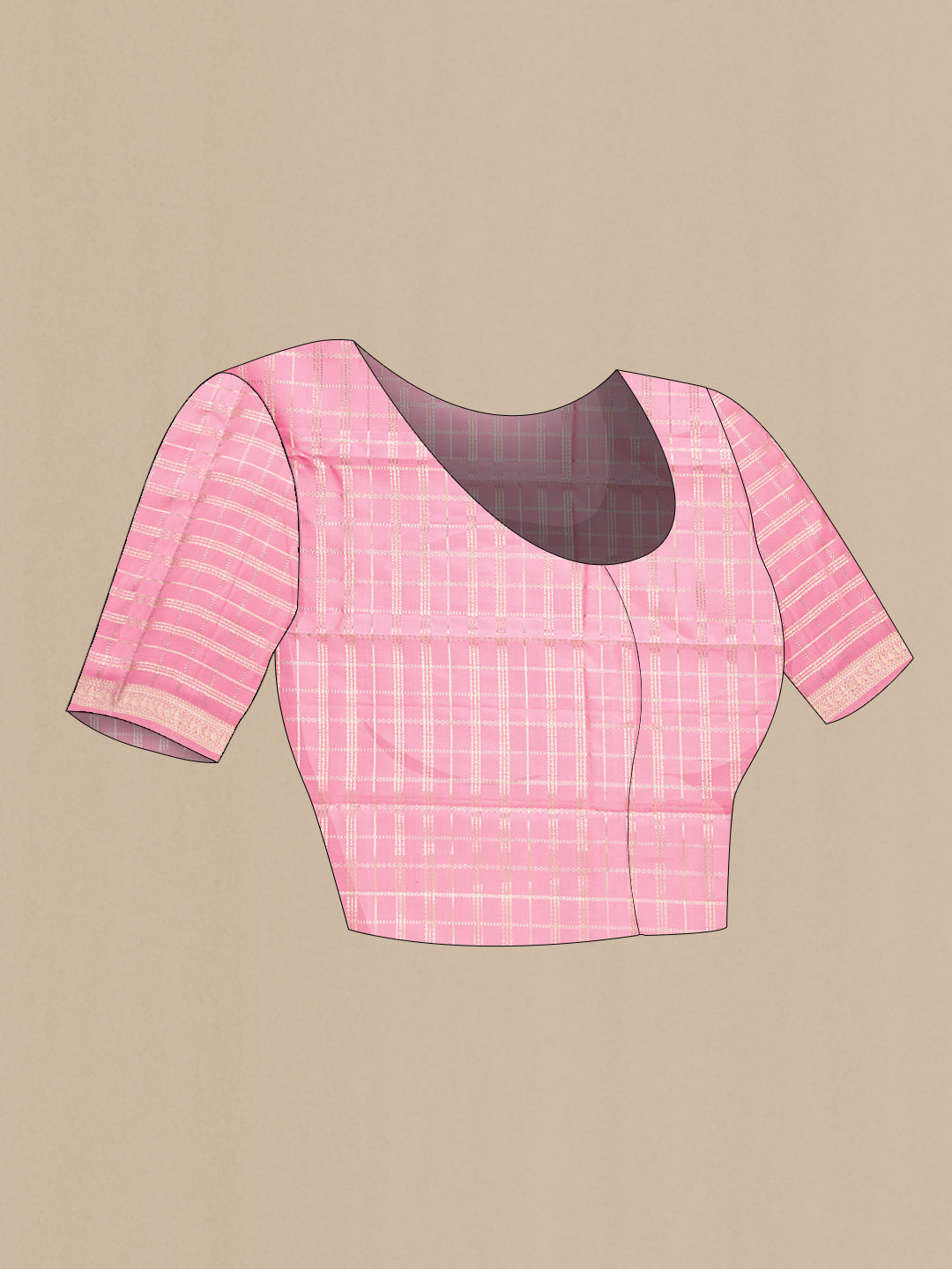 Close up image of the blouse of Pink Dual Tone Kanjivaram Silk Saree with Checked design on the body and Zari Border. 