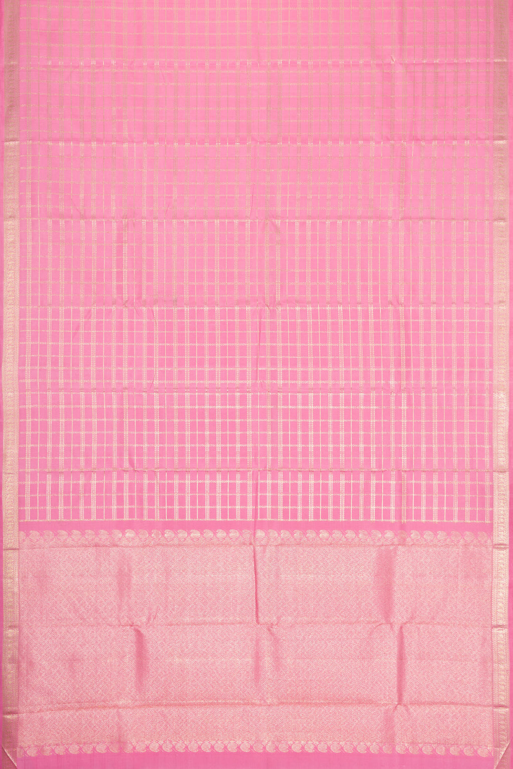 Flat view of Pink Dual Tone Kanjivaram Silk Saree with Checked design on the body and Zari Border. 