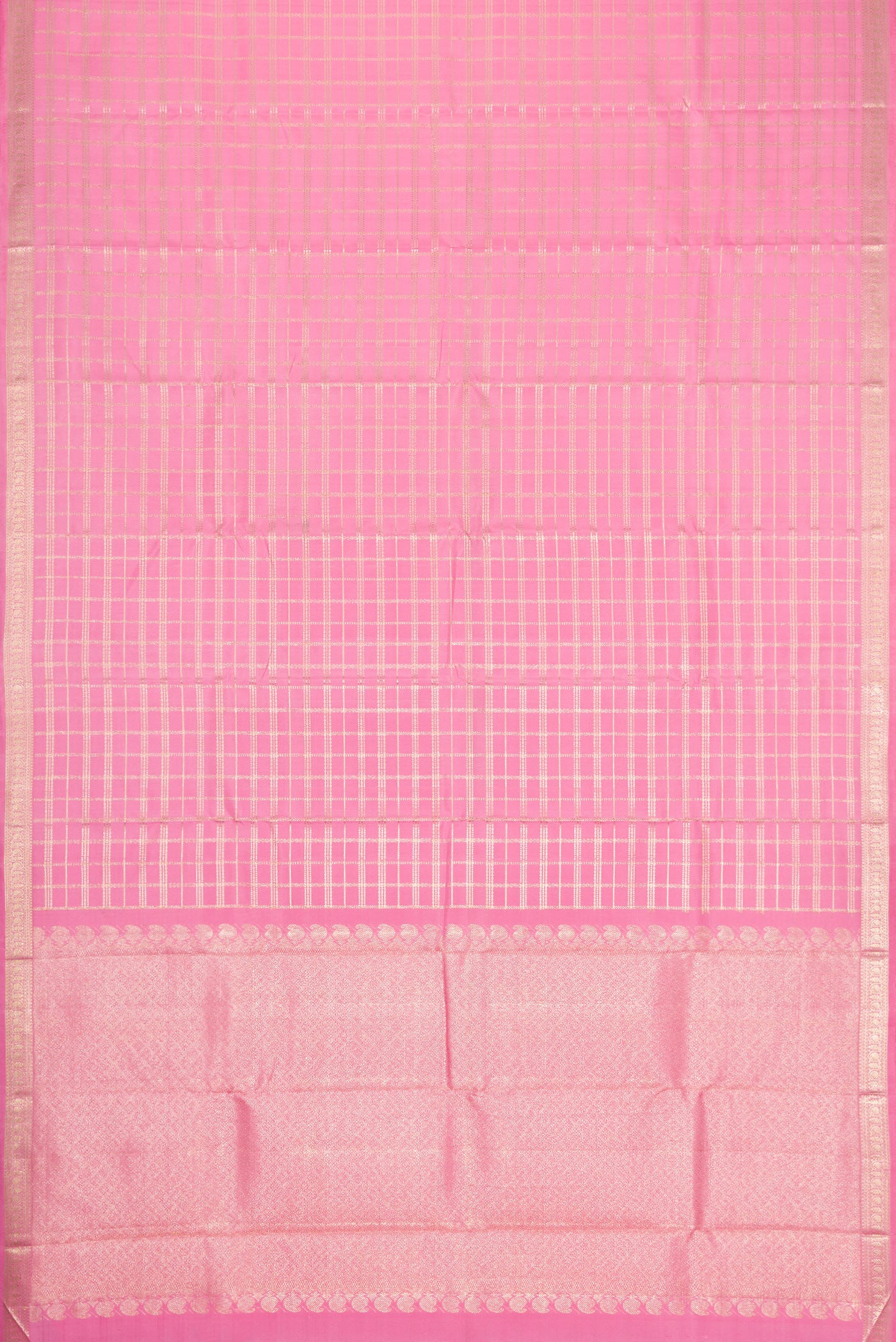 Flat view of Pink Dual Tone Kanjivaram Silk Saree with Checked design on the body and Zari Border. 