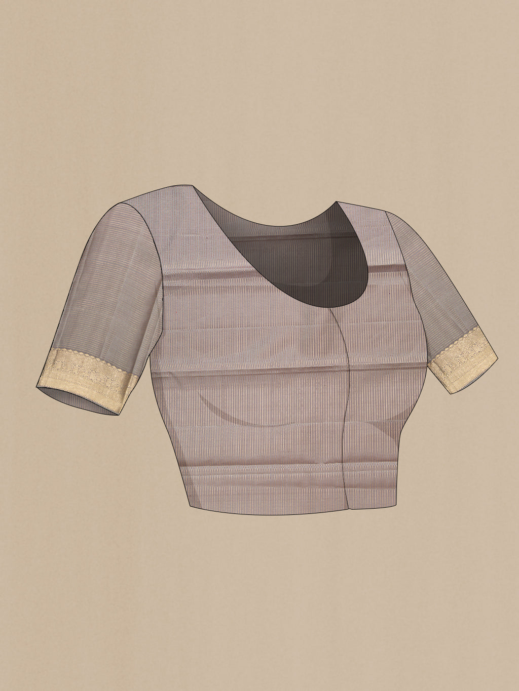 Close up image of the blouse of Grey Dual Tone Kanjivaram Silk Saree with Zari Butta on the body and Zari Border. 