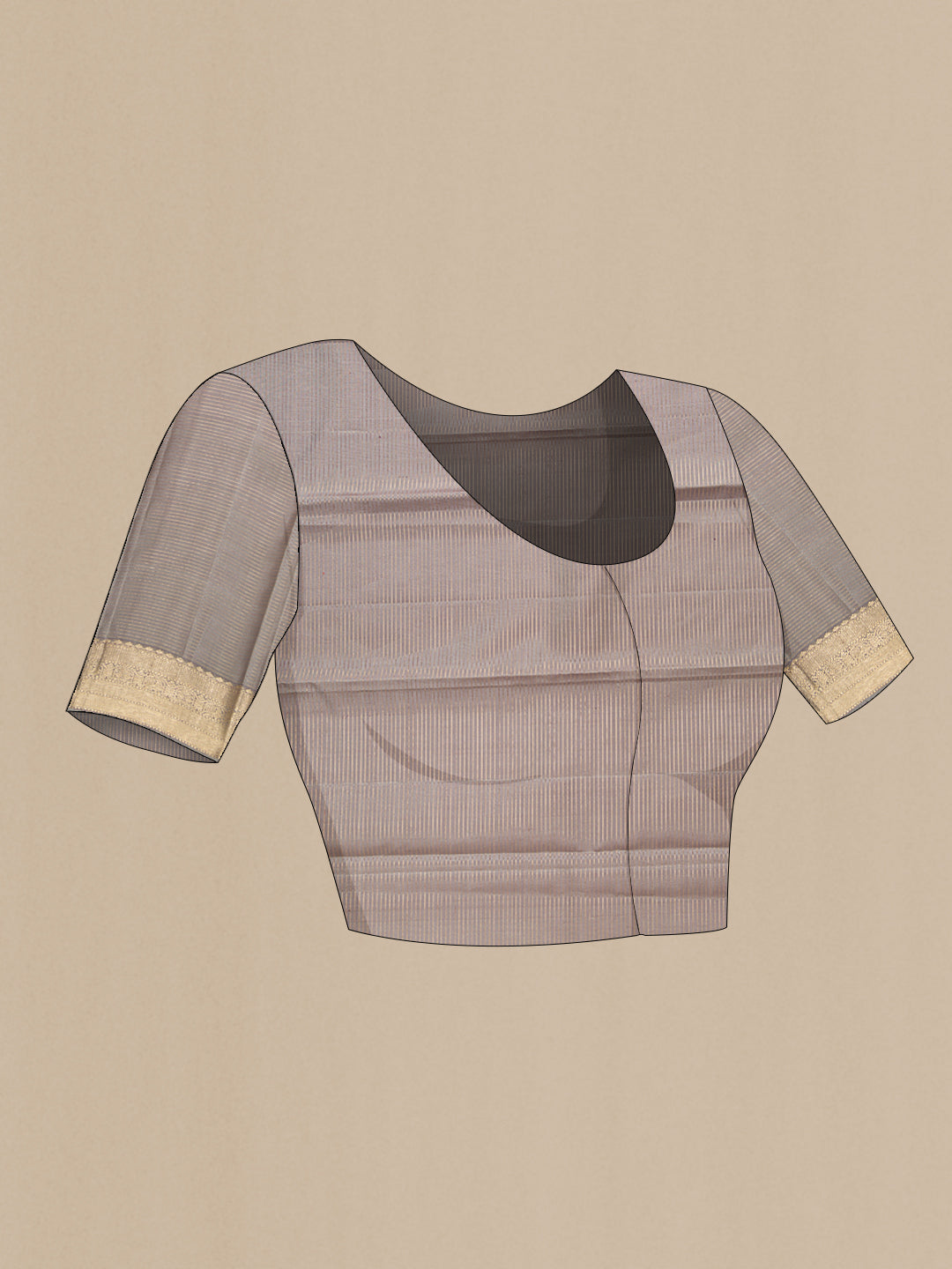 Close up image of the blouse of Grey Dual Tone Kanjivaram Silk Saree with Zari Butta on the body and Zari Border. 