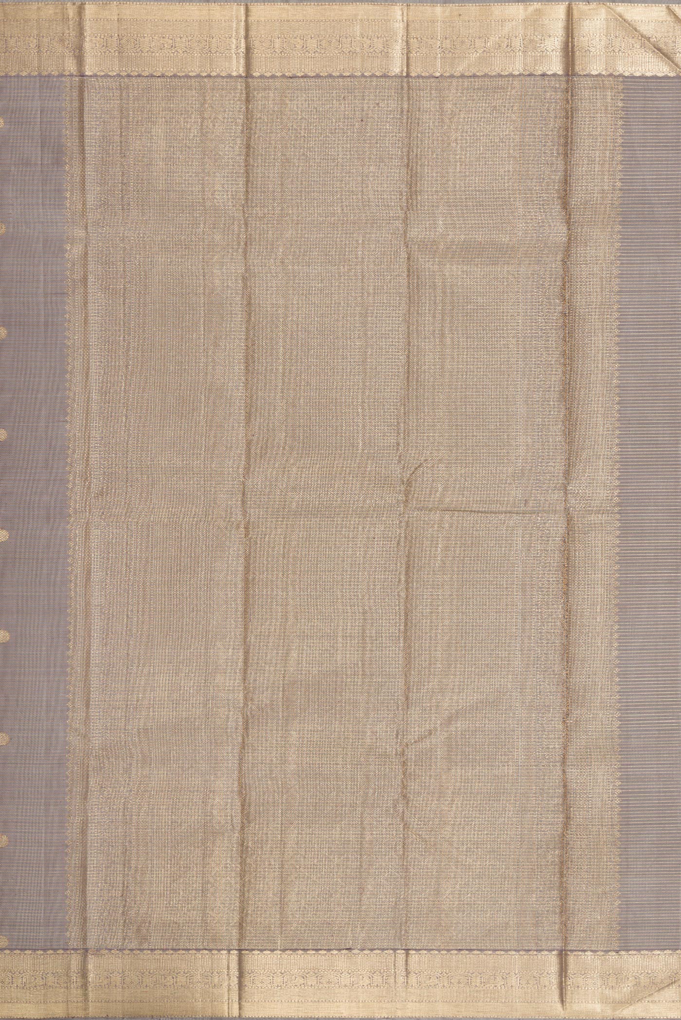 Close up image of the pallu of Grey Dual Tone Kanjivaram Silk Saree with Zari Butta on the body and Zari Border. 