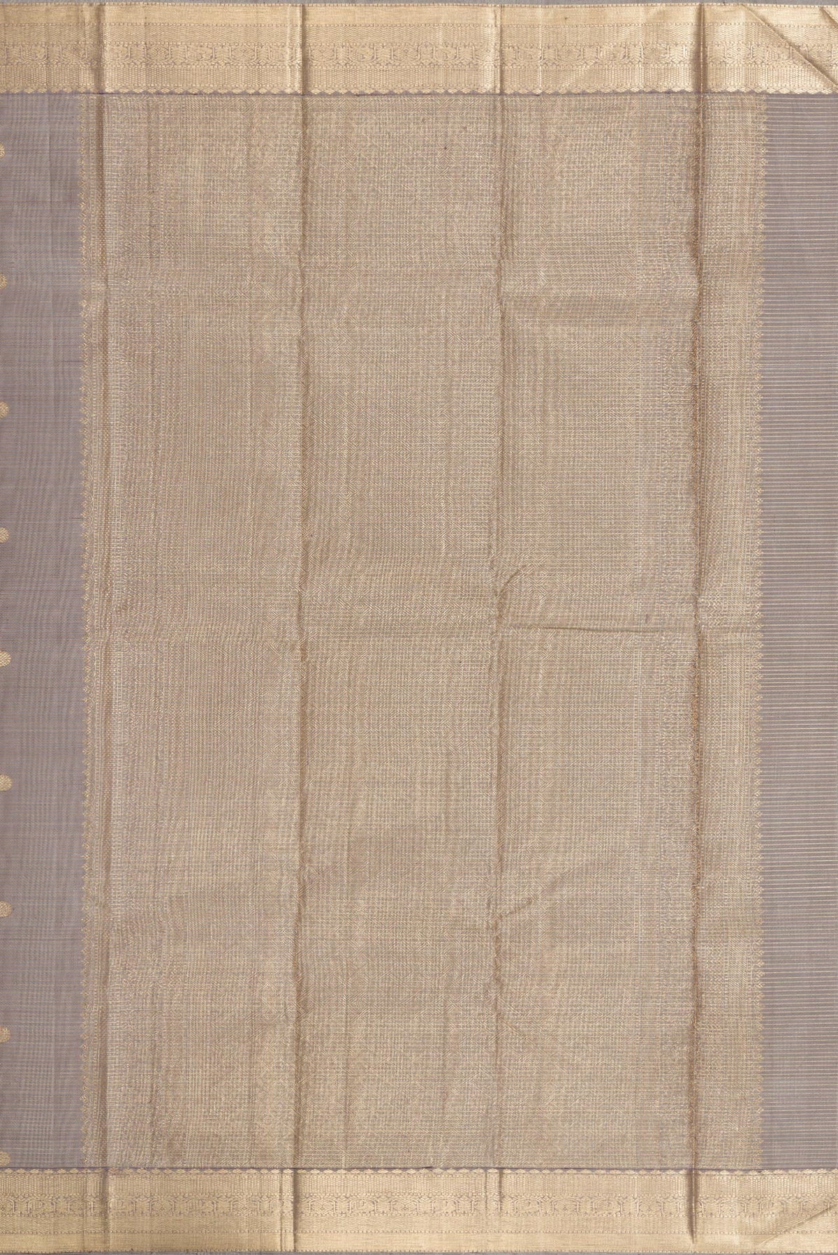 Close up image of the pallu of Grey Dual Tone Kanjivaram Silk Saree with Zari Butta on the body and Zari Border. 