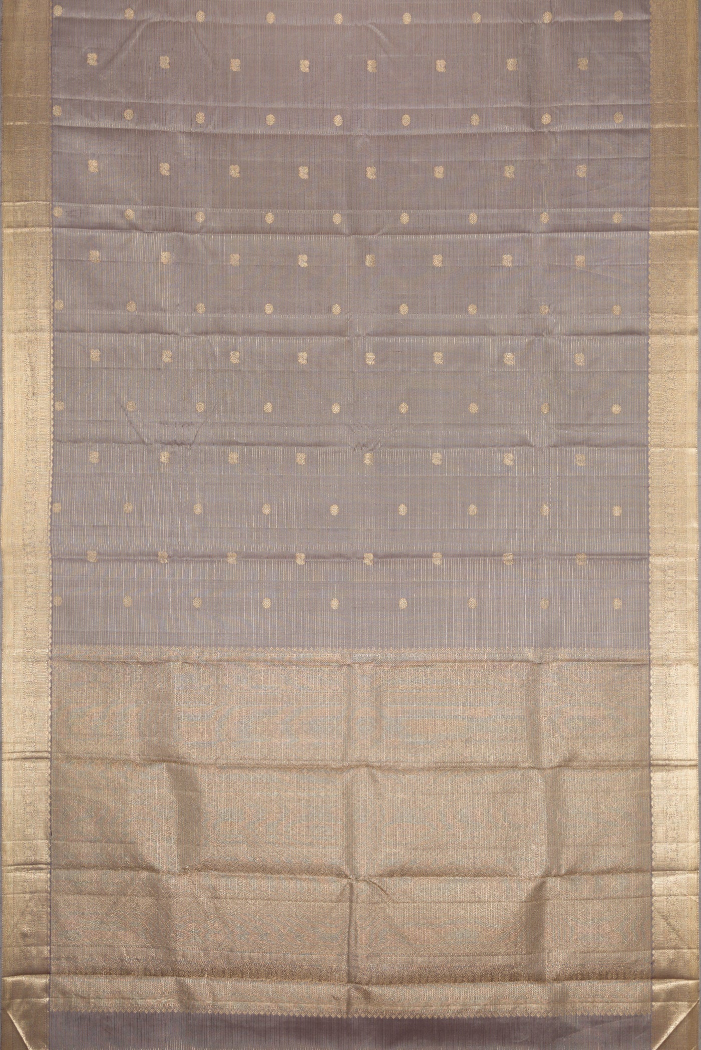 Flat view of Grey Dual Tone Kanjivaram Silk Saree with Zari Butta on the body and Zari Border. 