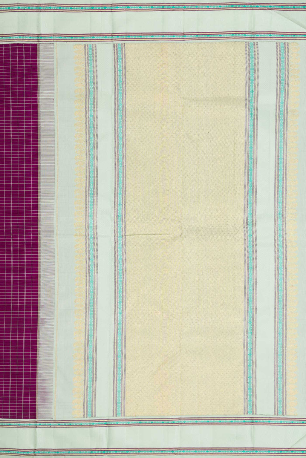 Close up image of the pallu of Pure Silk Pure Zari Purple Dual Tone Kanjivaram Saree with Checked design on the body and Zari And Thread Border. 
