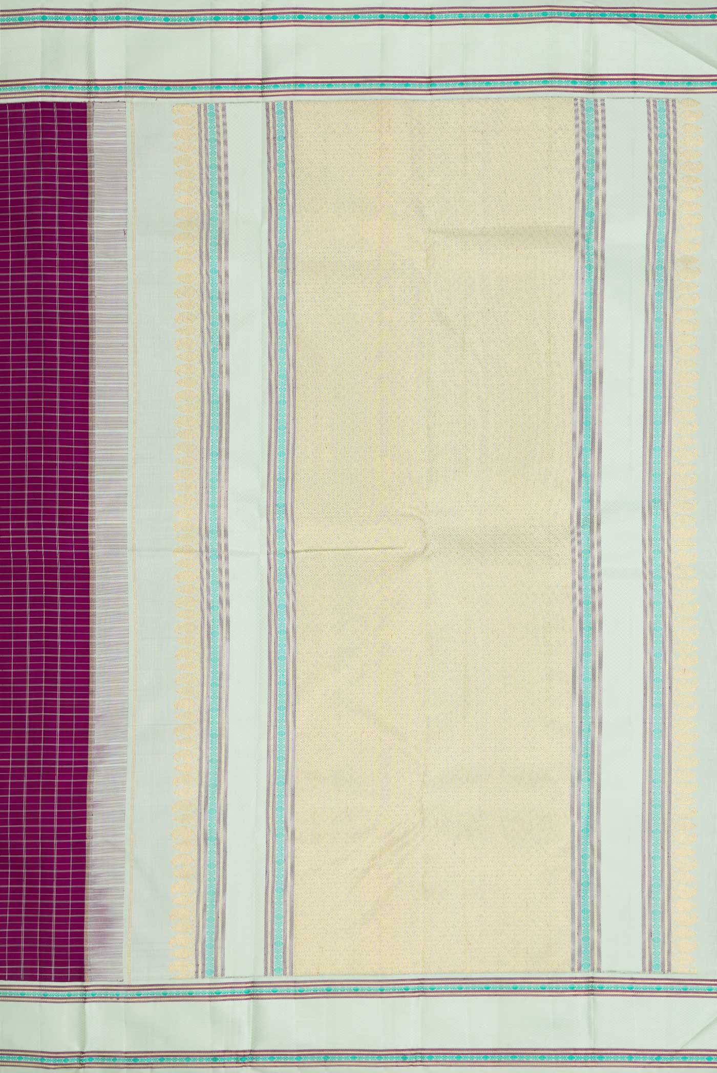 Close up image of the pallu of Pure Silk Pure Zari Purple Dual Tone Kanjivaram Saree with Checked design on the body and Zari And Thread Border. 