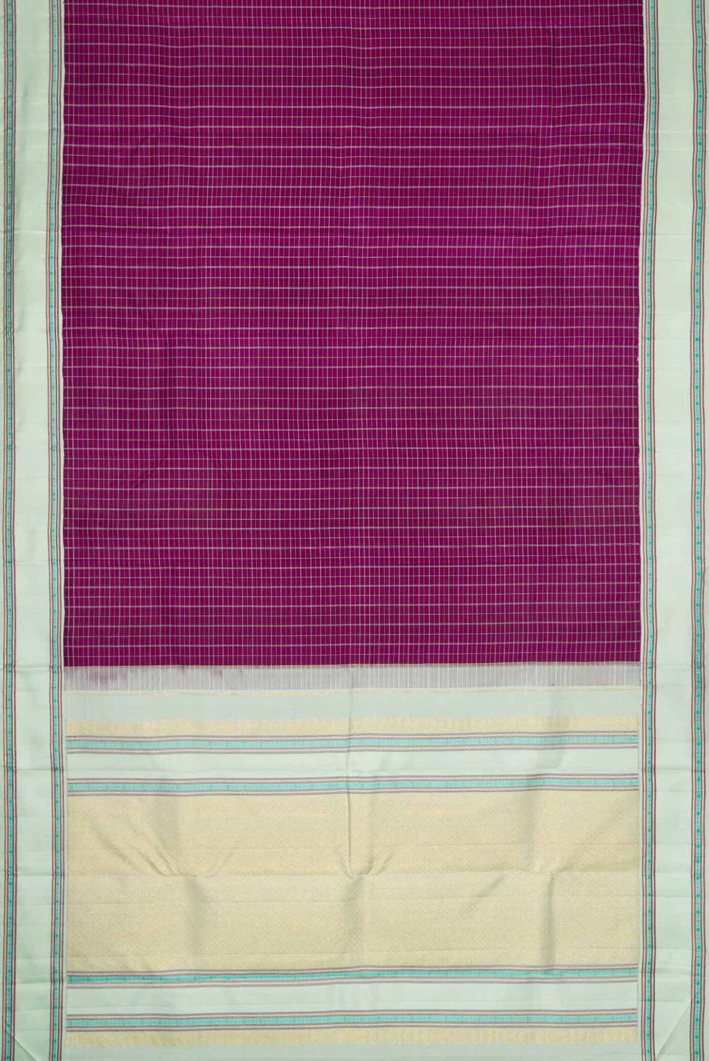 Flat view of Pure Silk Pure Zari Purple Dual Tone Kanjivaram Saree with Checked design on the body and Zari And Thread Border. 