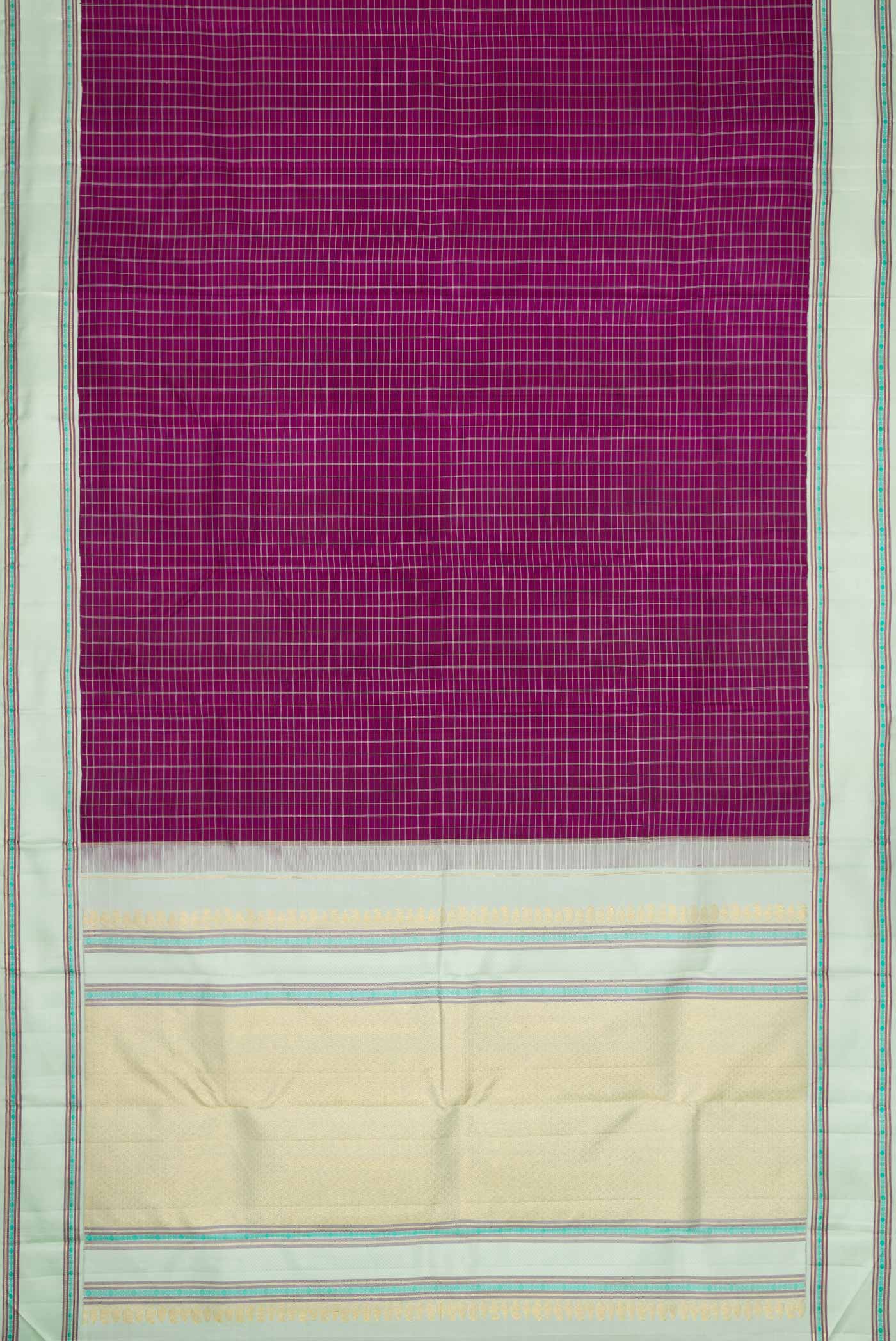 Flat view of Pure Silk Pure Zari Purple Dual Tone Kanjivaram Saree with Checked design on the body and Zari And Thread Border. 