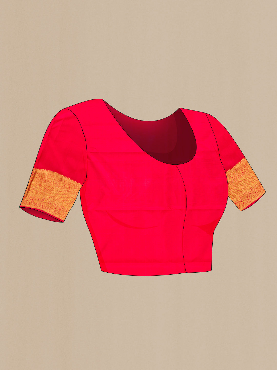 Close up image of the blouse of Pure Silk Pure Zari Red Dual Tone Kanchipuram Saree with Zari Brocade on the body and Zari Border