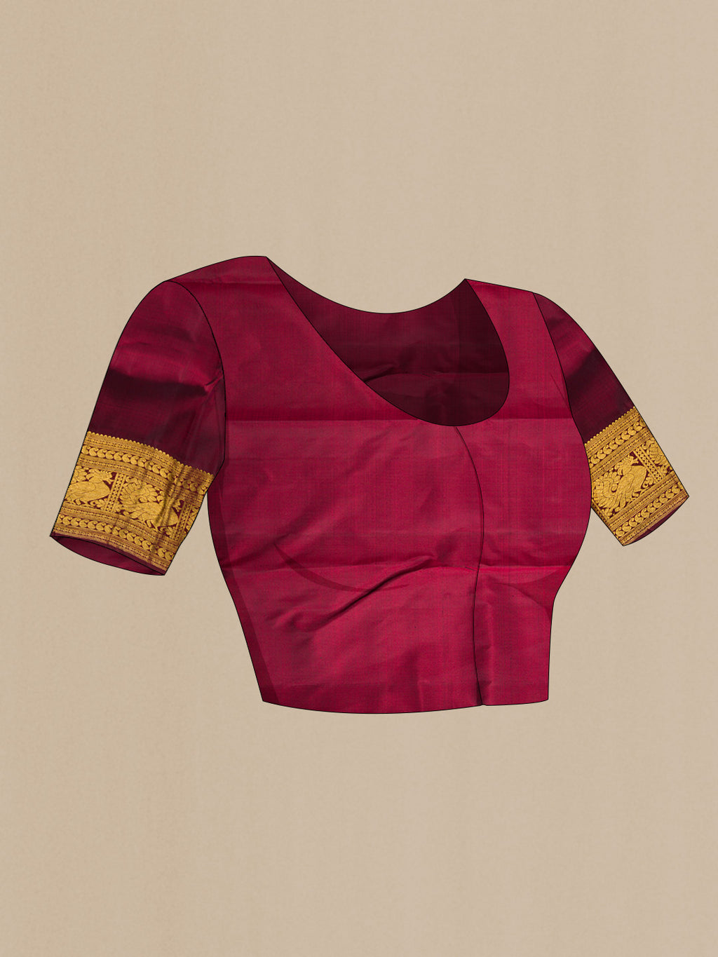 Close up image of the blouse of Pure Silk Pure Zari Maroon Dual Tone Kanchipuram Saree with Zari Brocade on the body and Zari Border