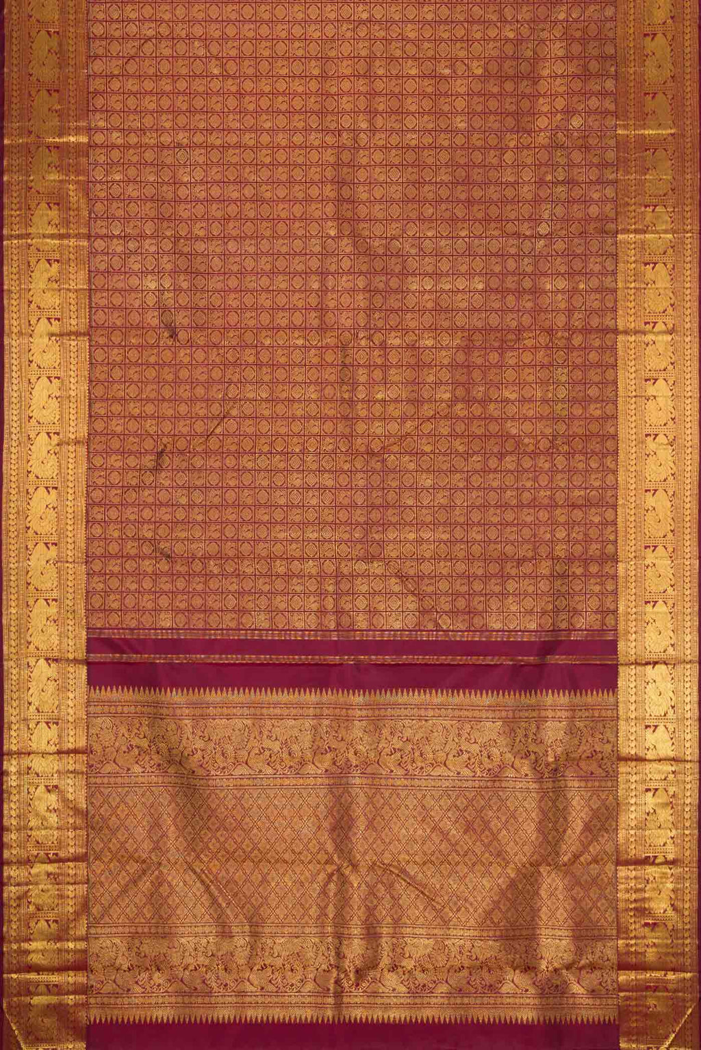 Flat view of Pure Silk Pure Zari Maroon Dual Tone Kanchipuram Saree with Zari Brocade on the body and Zari Border