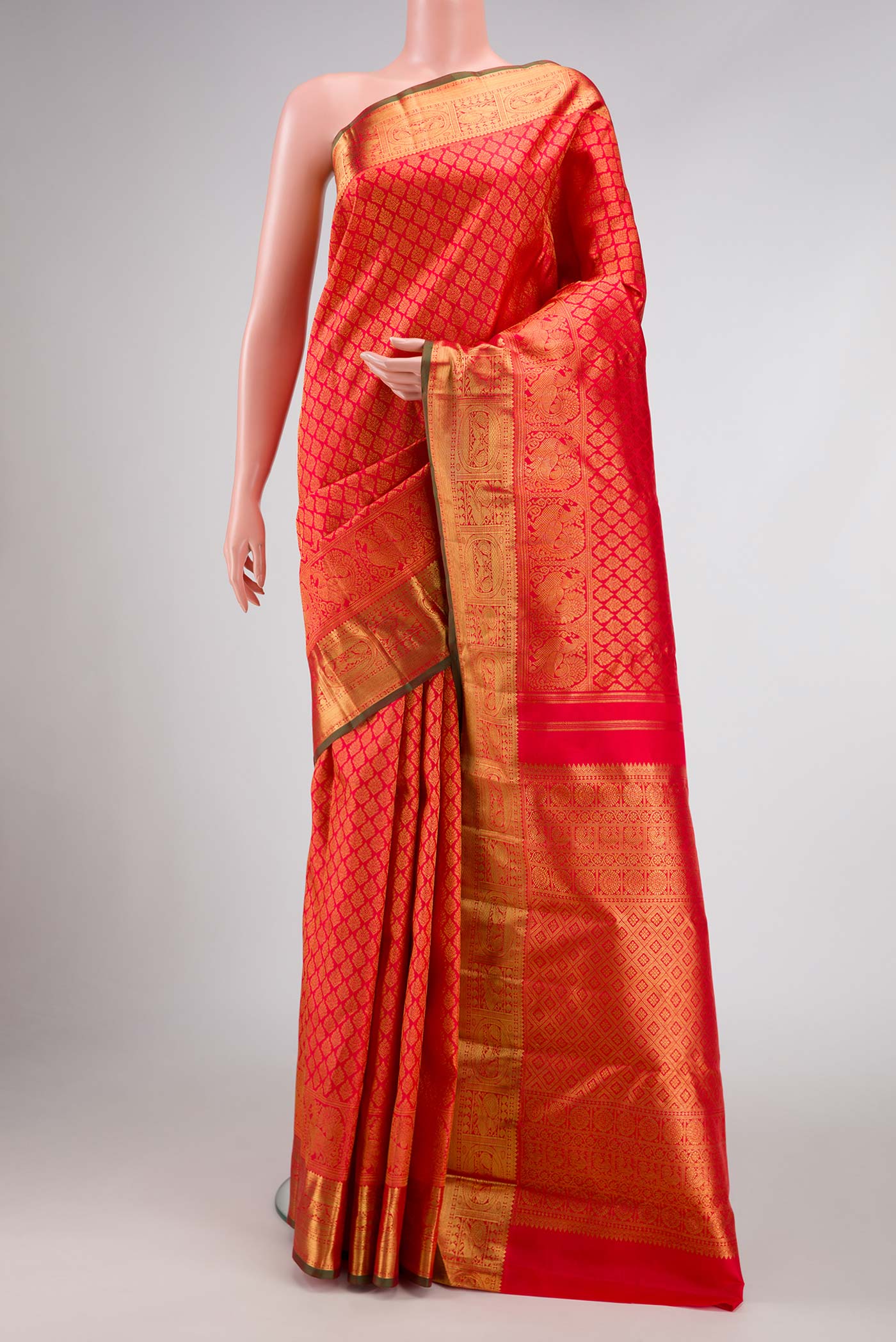 Pure Silk Pure Zari Pink with Red Color Kanchipuram Saree with Zari Brocade on the body and Zari Border displayed on a mannequin
