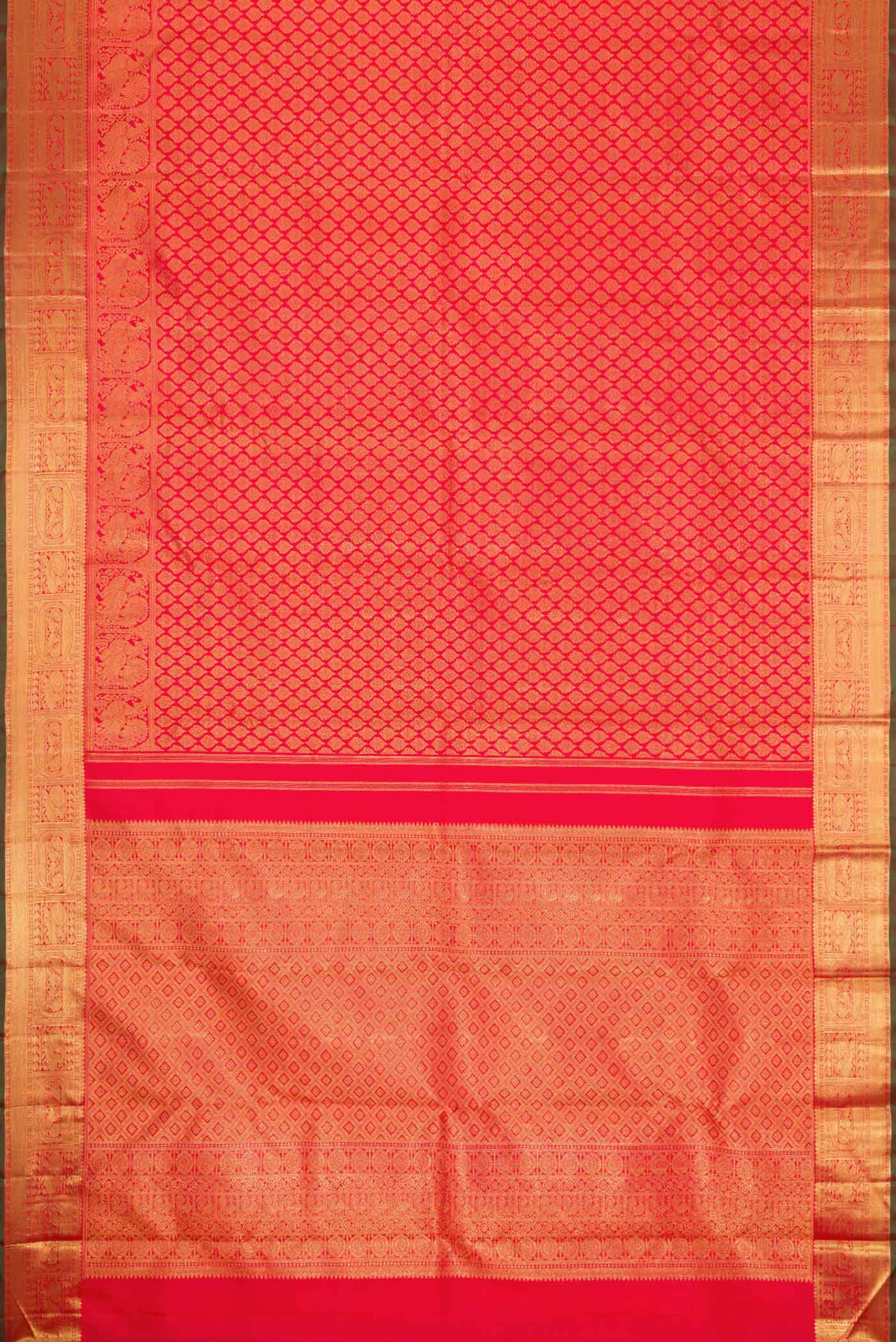 Flat view of Pure Silk Pure Zari Pink with Red Color Kanchipuram Saree with Zari Brocade on the body and Zari Border