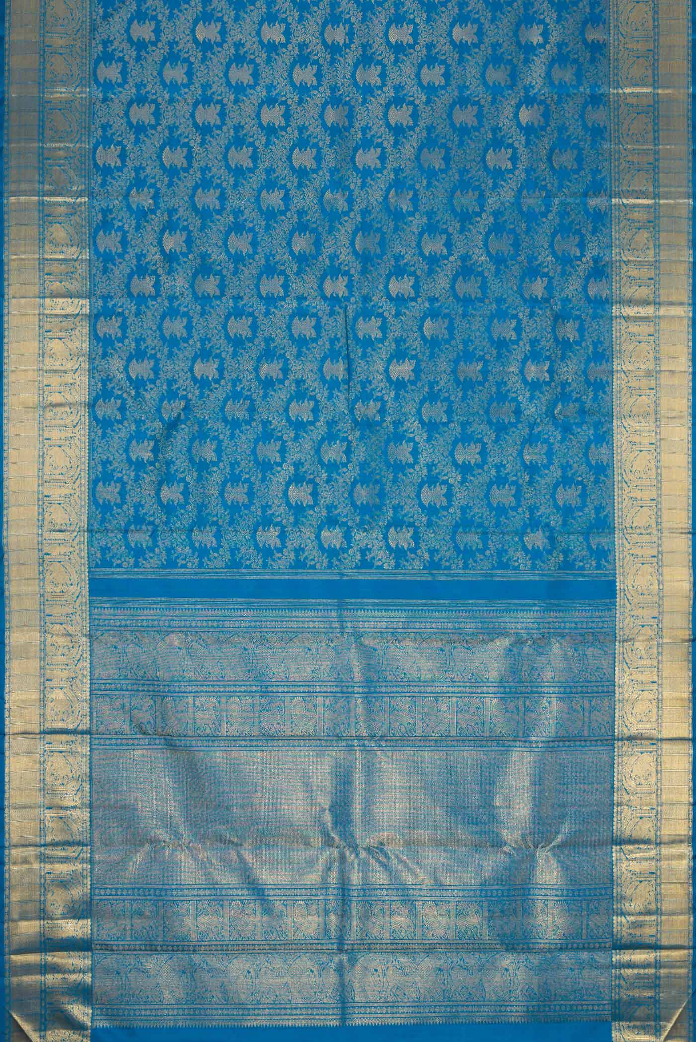 Flat view of Pure Silk Pure Zari Peacock Blue Dual Tone Kanchipuram Saree with Zari Brocade on the body and Zari Border