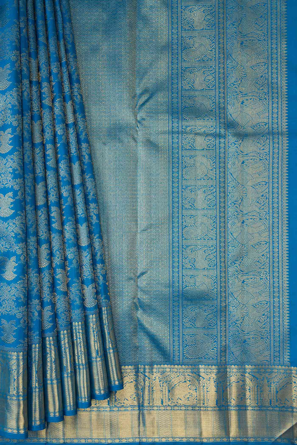 Pleats and pallu of Pure Silk Pure Zari Peacock Blue Dual Tone Kanchipuram Saree with Zari Brocade on the body and Zari Border