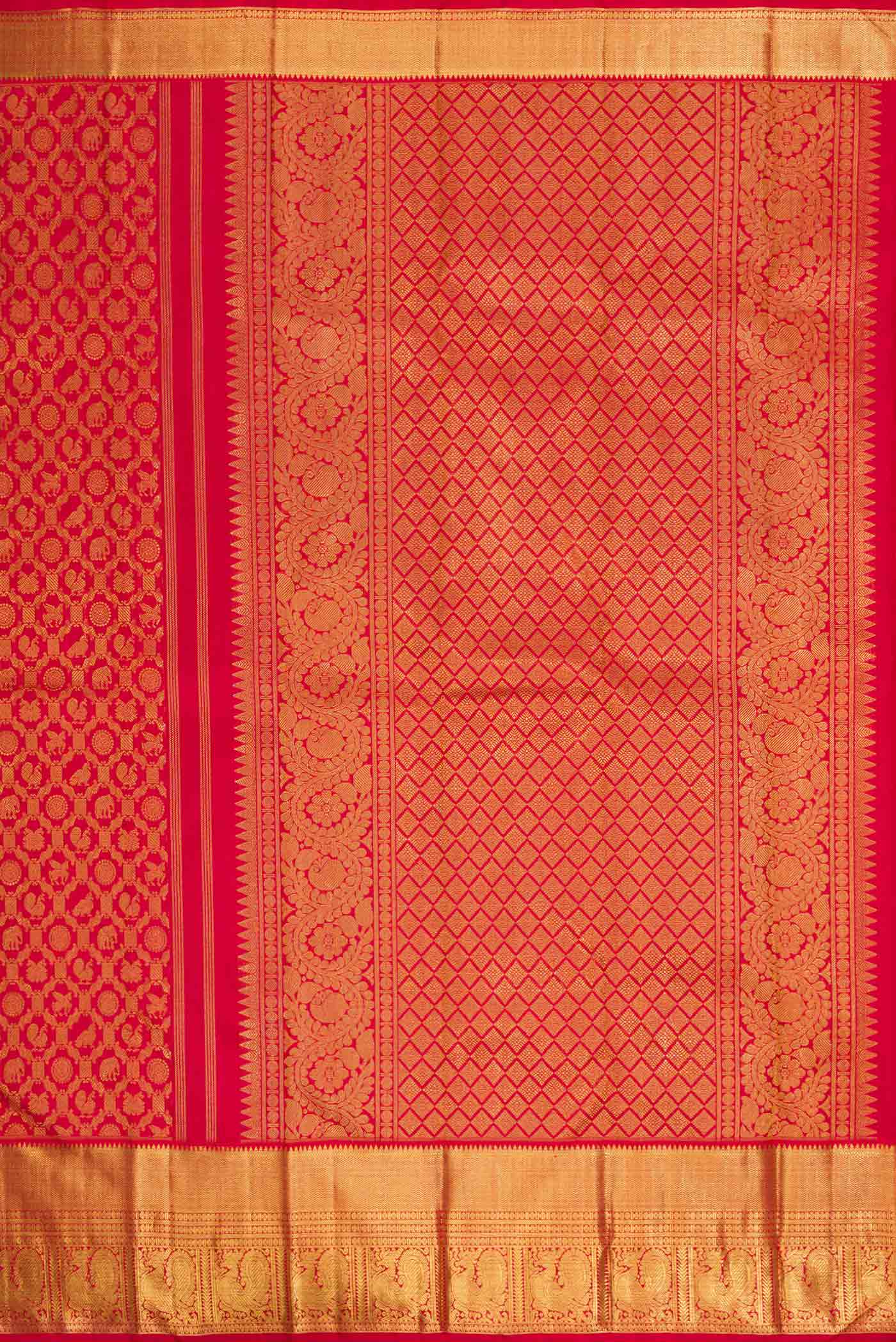 Close up image of the pallu of Pure Silk Pure Zari Red Dual Tone Kanchipuram Saree with Zari Brocade on the body and Zari Border
