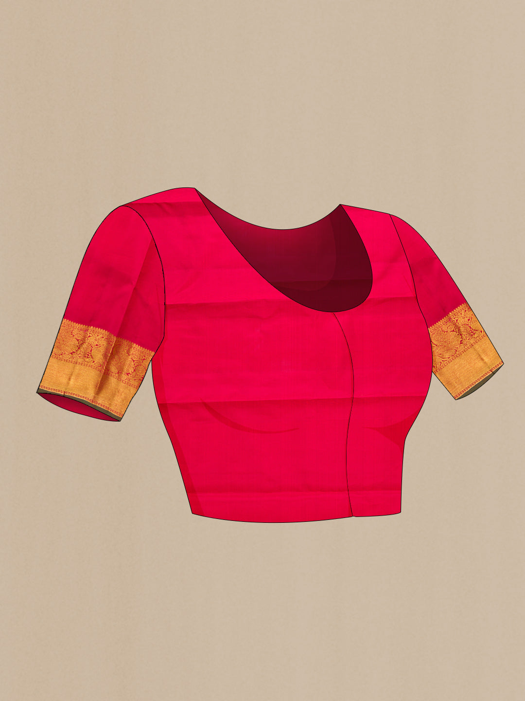 Close up image of the blouse of Pure Silk Pure Zari Dark Pink Dual Tone Kanchipuram Saree with Zari Brocade on the body and Zari Border