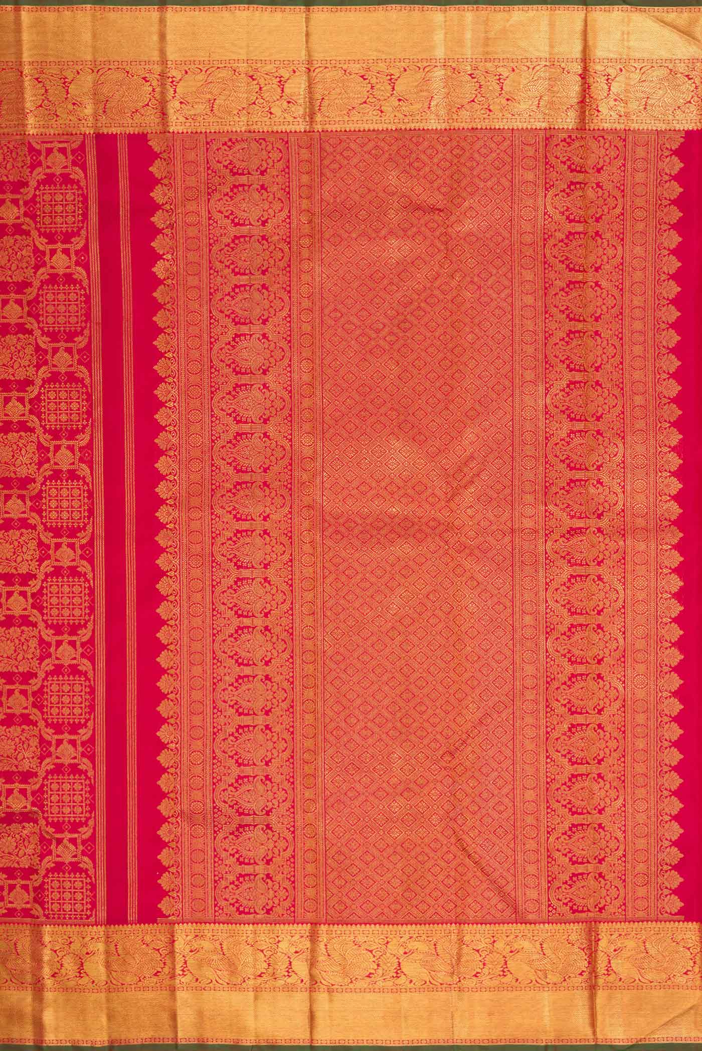 Close up image of the pallu of Pure Silk Pure Zari Dark Pink Dual Tone Kanchipuram Saree with Zari Brocade on the body and Zari Border