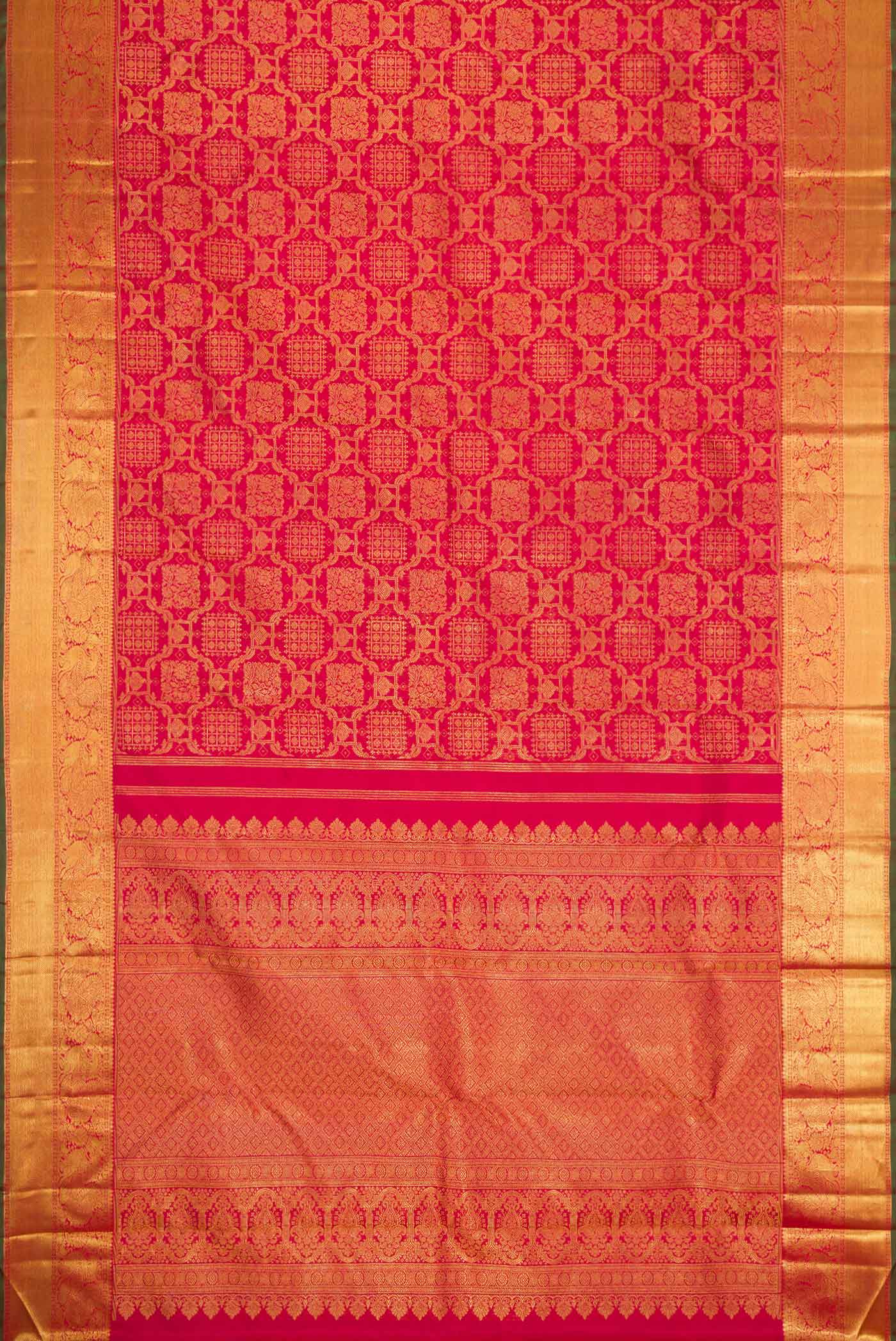 Flat view of Pure Silk Pure Zari Dark Pink Dual Tone Kanchipuram Saree with Zari Brocade on the body and Zari Border