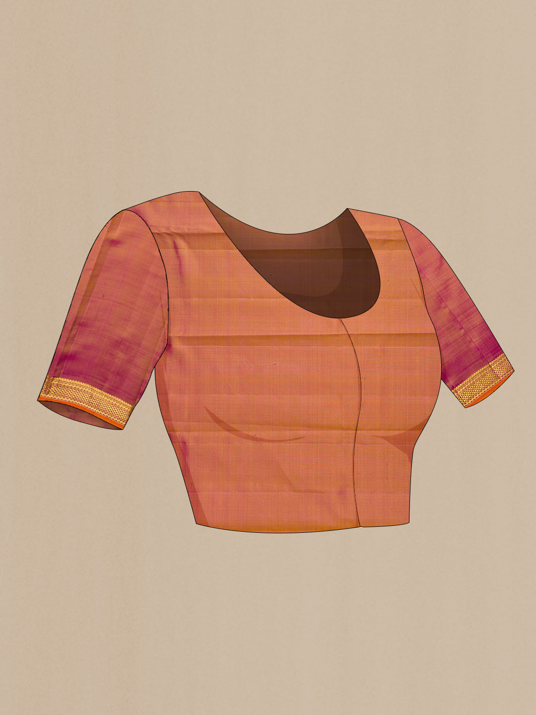 Close up image of the blouse of Beige Dual Tone Kanjivaram Silk Saree with Plain Body and Thread Border. 