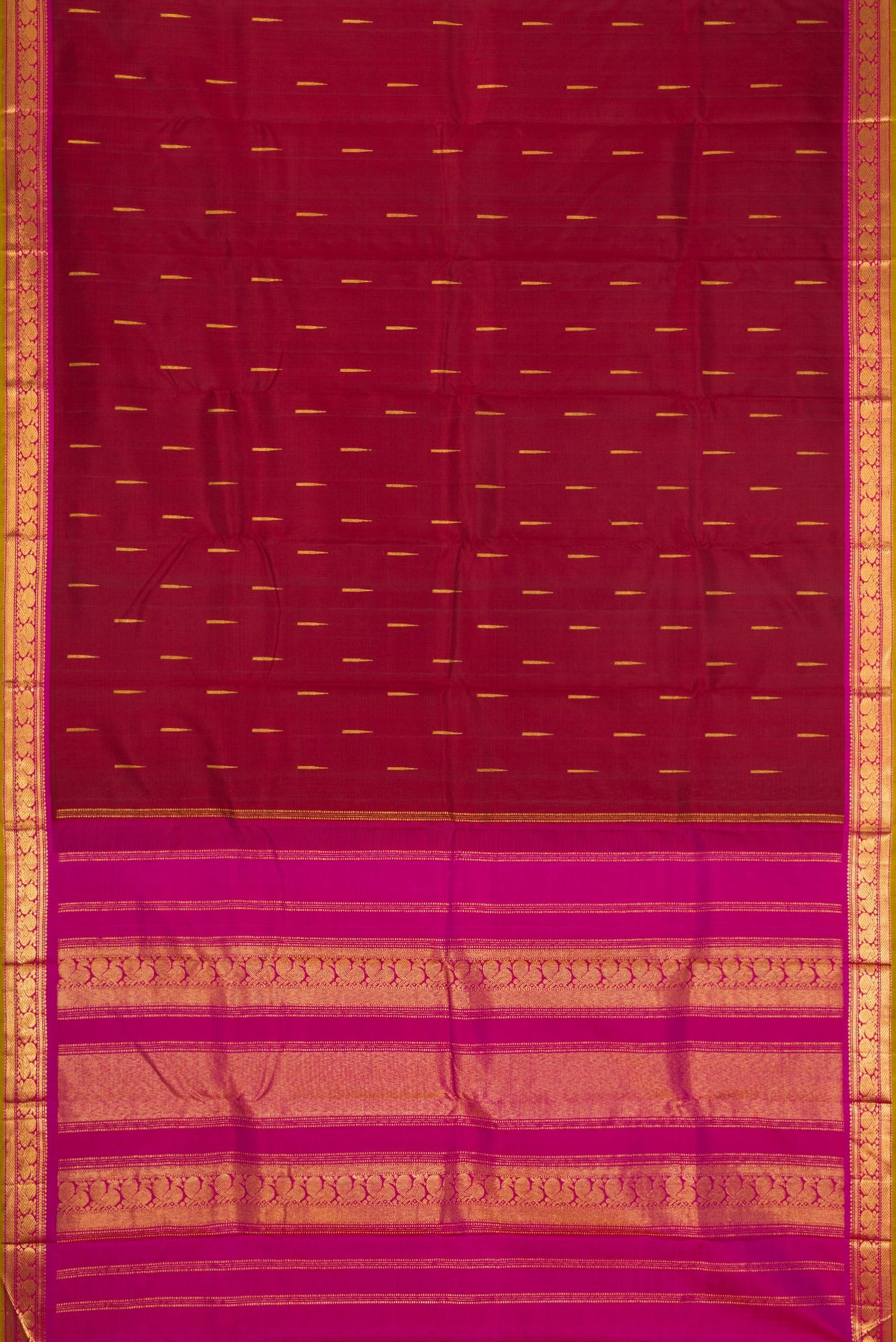 Flat view of Maroon Dual Tone Kanchipuram Silk Saree with Zari Butta on the body and Zari Border. 