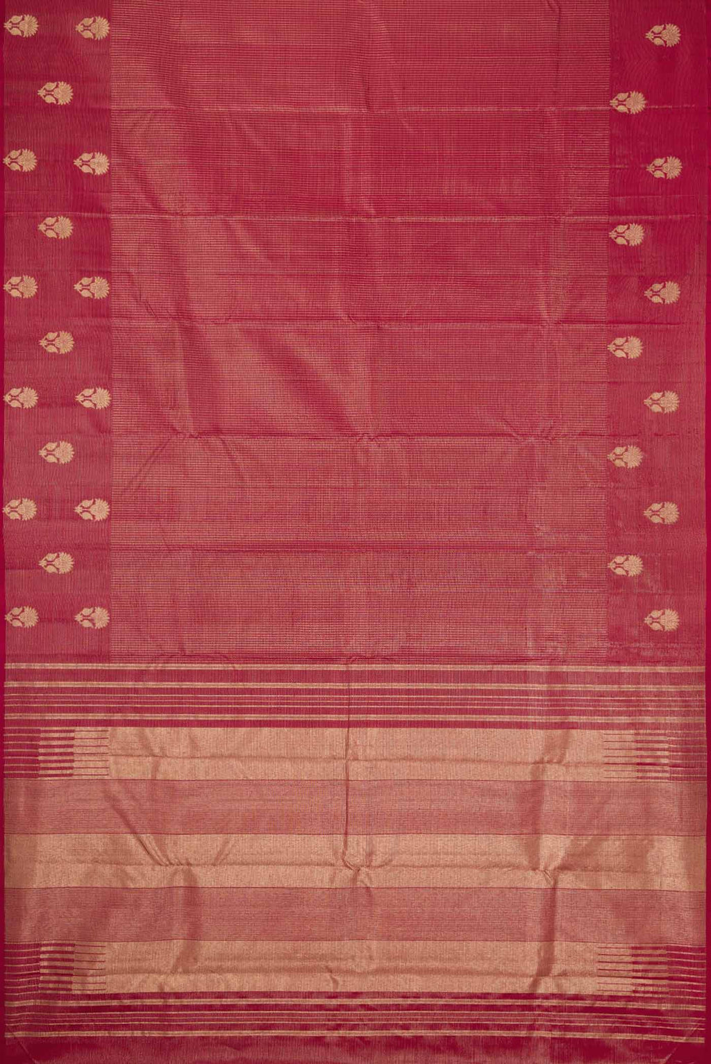Flat view of Maroon Dual Tone Kanjivaram Silk Saree with Stripes on the body and Fancy Border. 