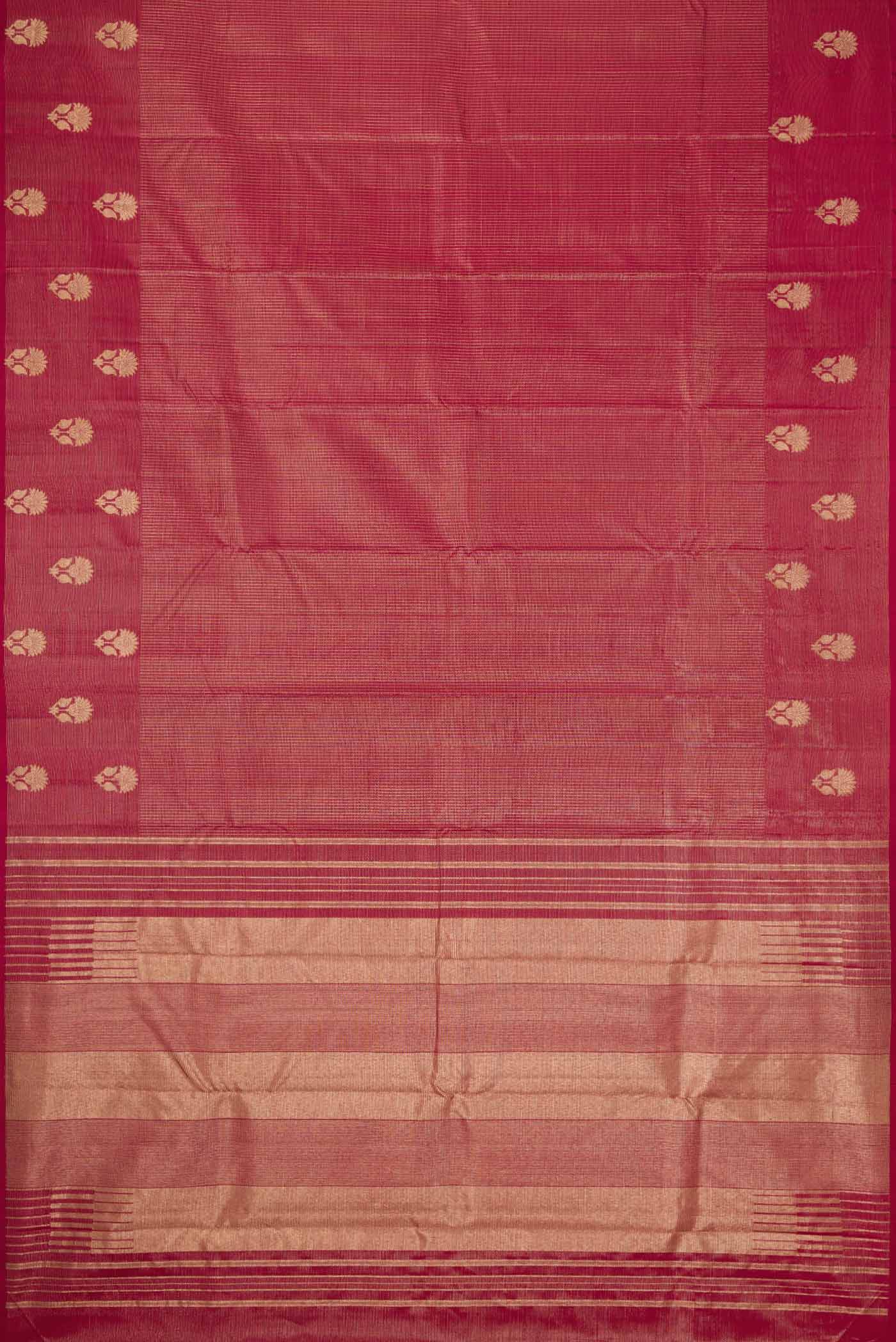 Flat view of Maroon Dual Tone Kanjivaram Silk Saree with Stripes on the body and Fancy Border. 
