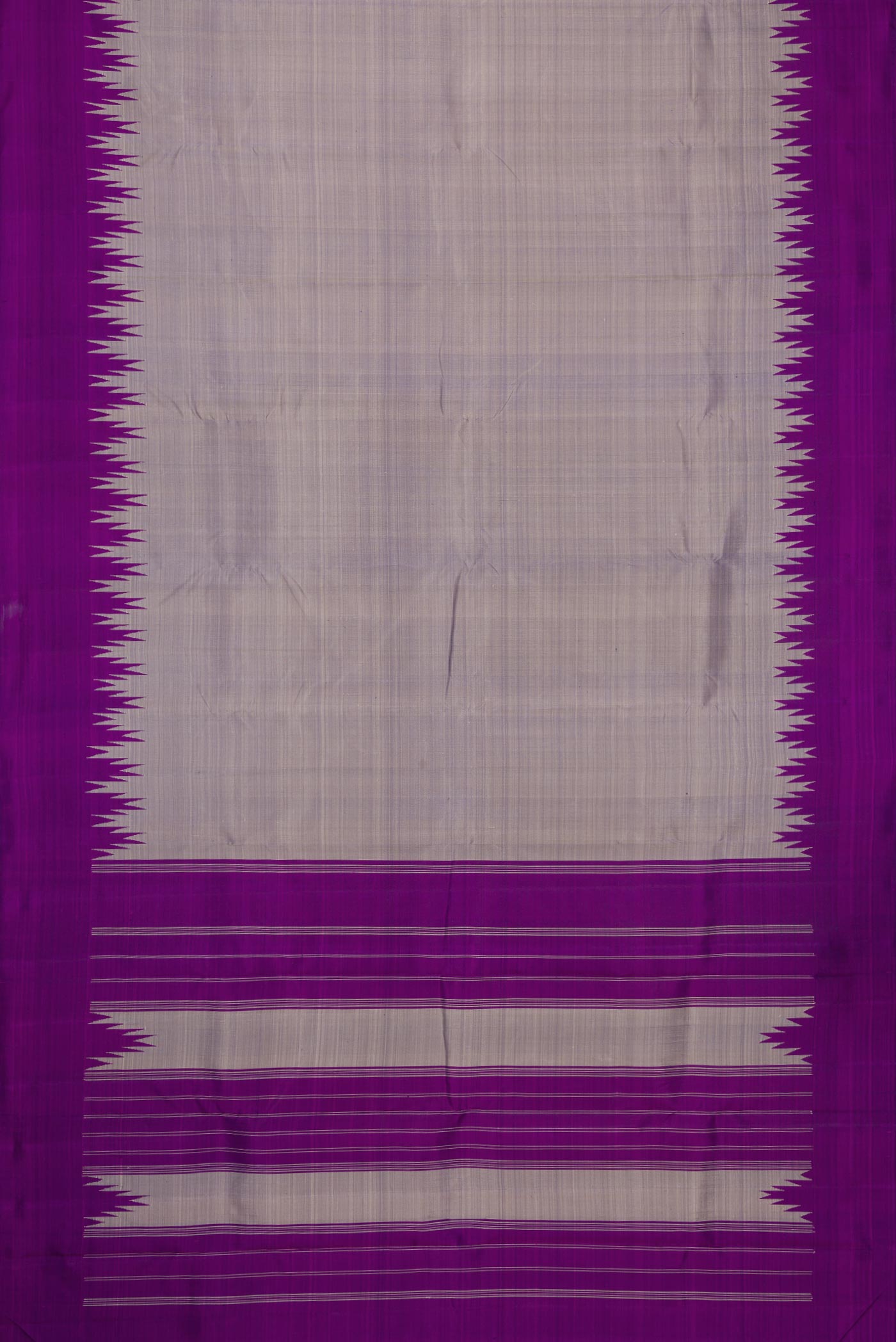 Flat view of Grey Dual Tone Kanchipuram Silk Saree with Plain Body and Temple Border. 