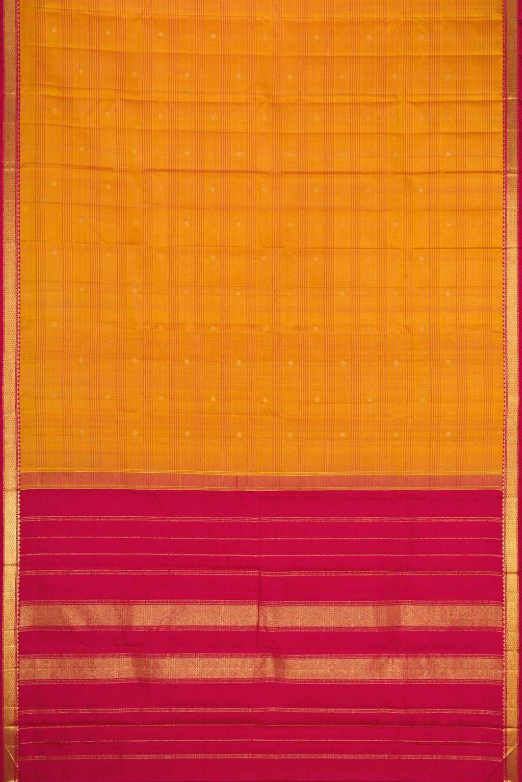 Flat view of Mustard Dual Tone Kanchipuram Silk Saree with Zari Butta on the body and Zari Border. 