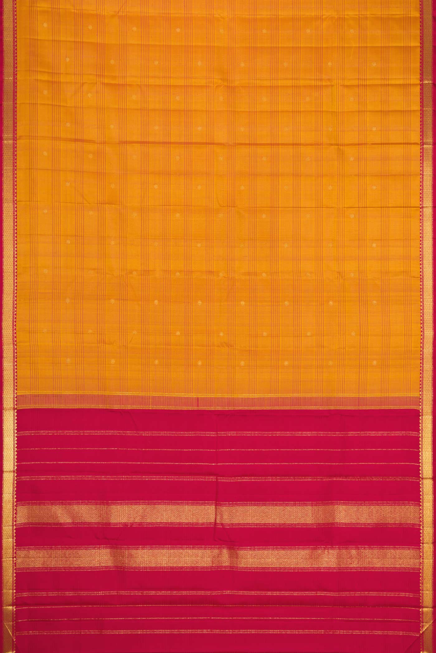 Flat view of Mustard Dual Tone Kanchipuram Silk Saree with Zari Butta on the body and Zari Border. 