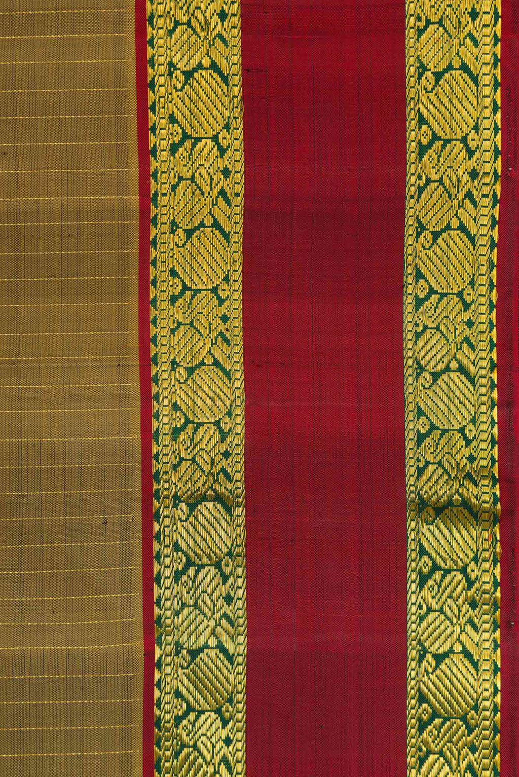 Border image of Mehandi Green Dual Tone Kanchipuram Silk Saree with Stripes on the body and Zari Border. 
