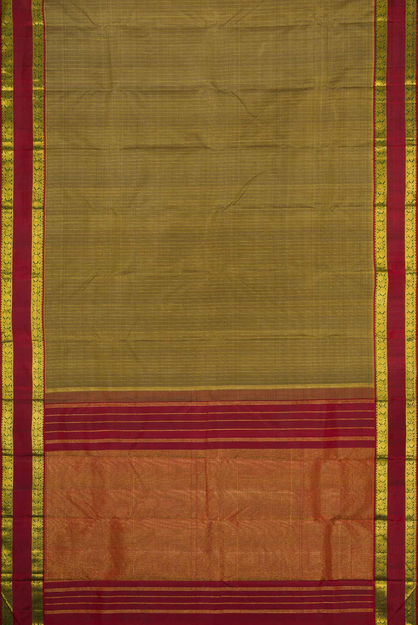 Flat view of Mehandi Green Dual Tone Kanchipuram Silk Saree with Stripes on the body and Zari Border. 