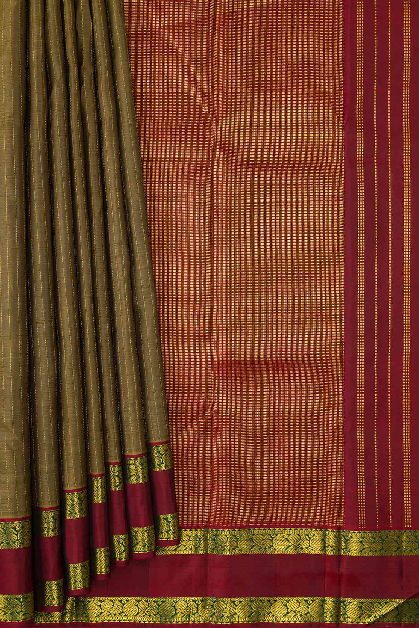 Pleats and pallu of Mehandi Green Dual Tone Kanchipuram Silk Saree with Stripes on the body and Zari Border. 