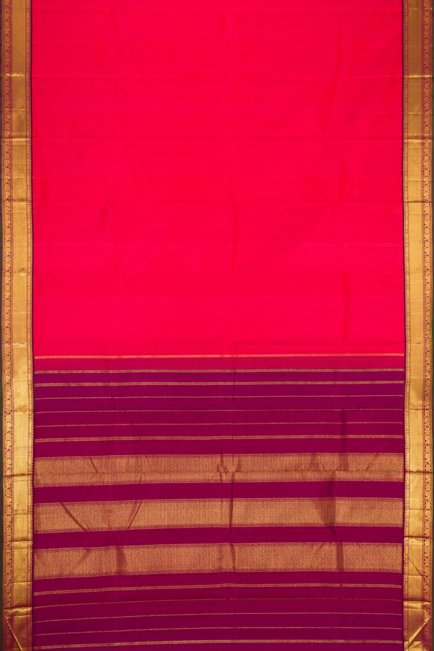 Flat view of Pure Silk Pure Zari Dark Pink Dual Tone Kanchipuram Saree with Plain Body and Zari Border. 