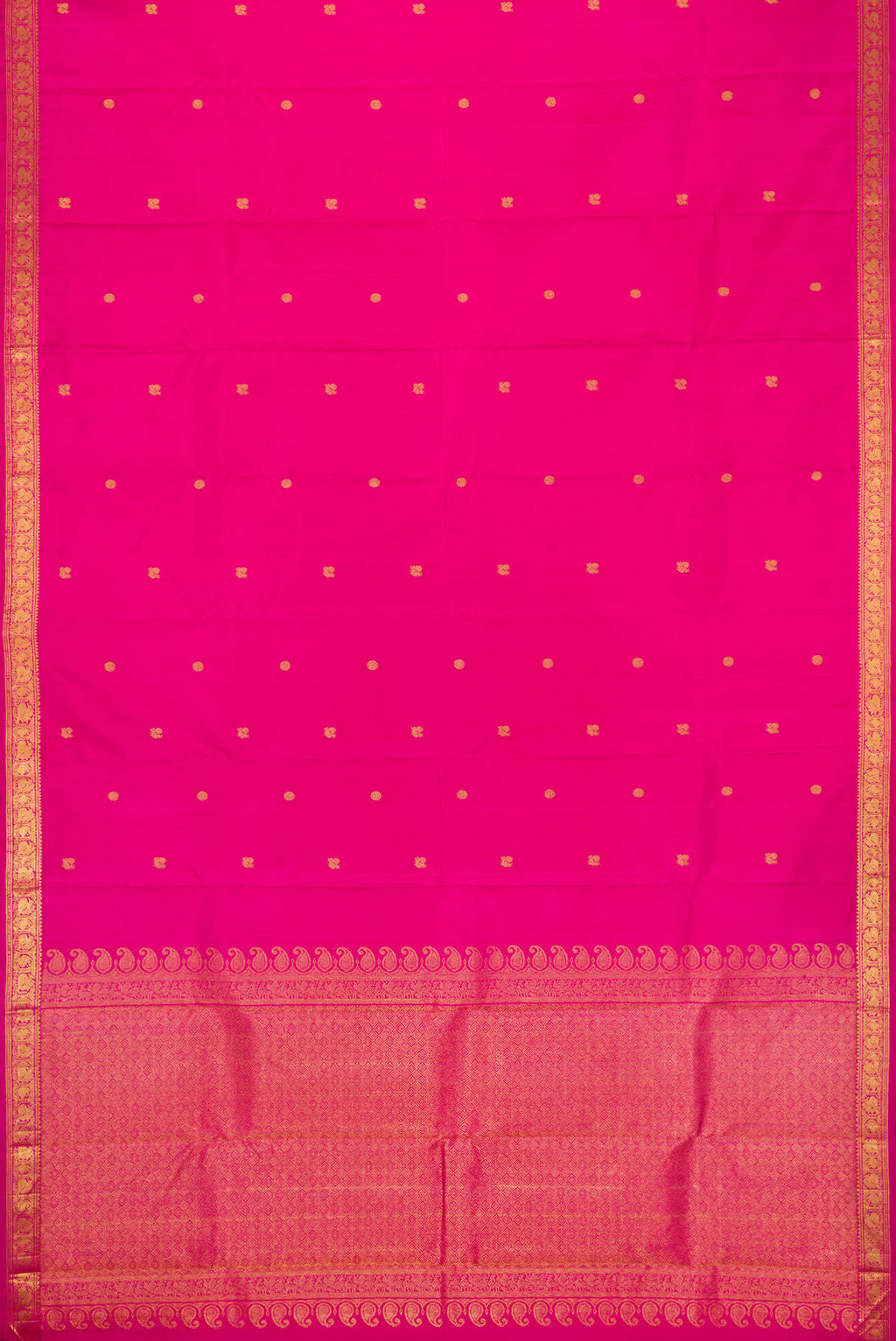 Flat view of Pink Dual Tone Kanchipuram Silk Saree with Zari Butta on the body and Zari Border. 