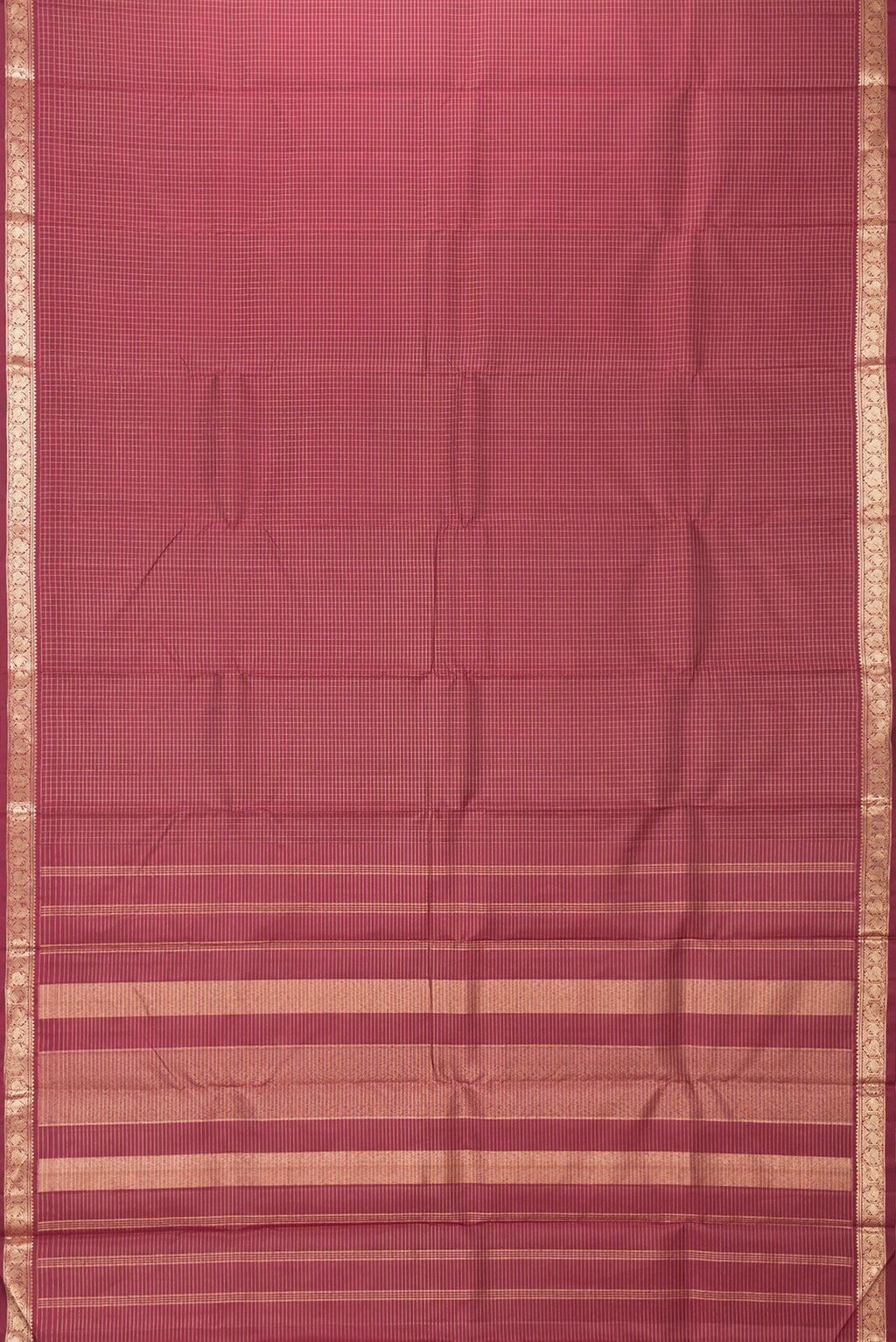 Flat view of Maroon Dual Tone Kanchipuram Silk Saree with Checked design on the body and Zari Border. 
