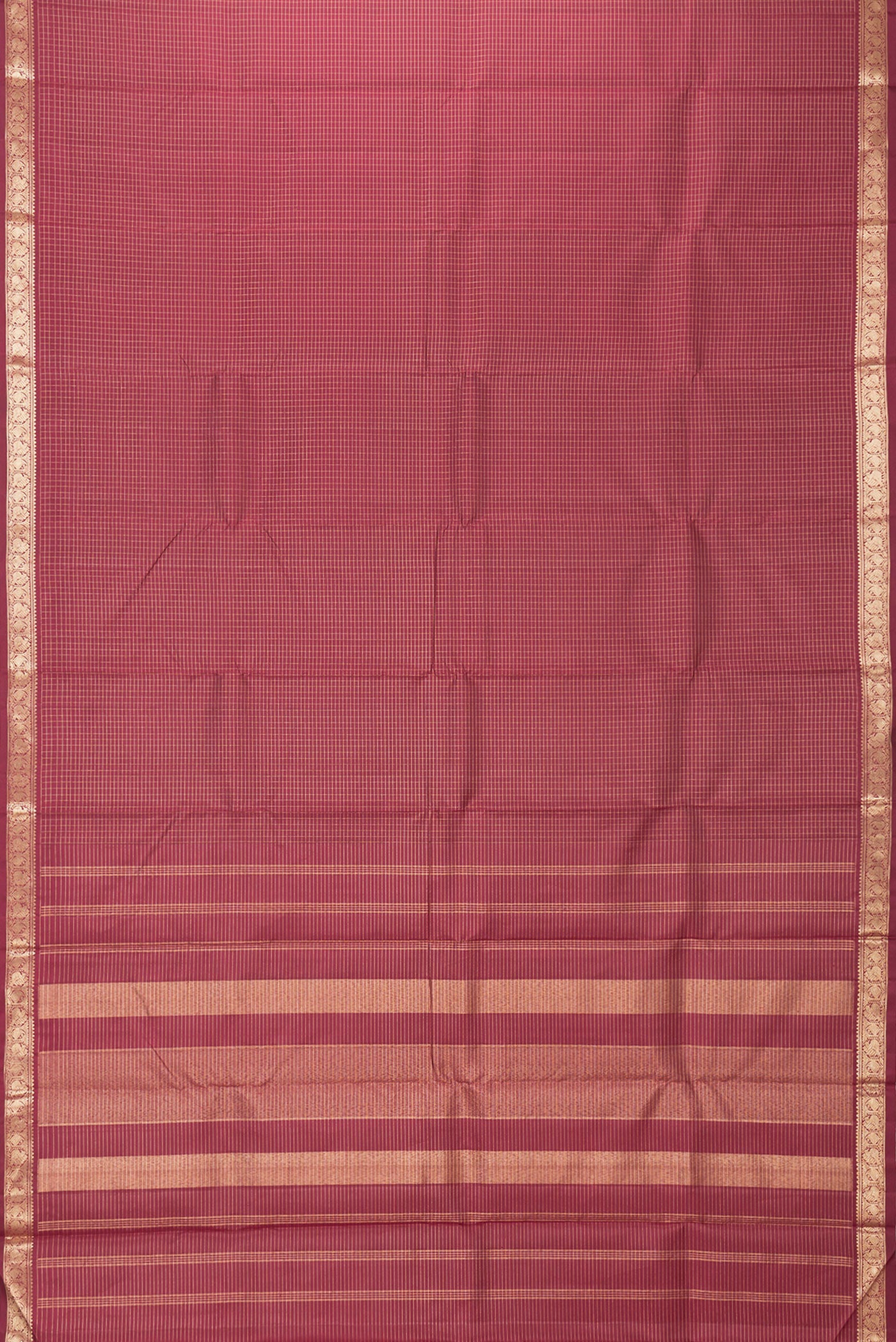 Flat view of Maroon Dual Tone Kanchipuram Silk Saree with Checked design on the body and Zari Border. 