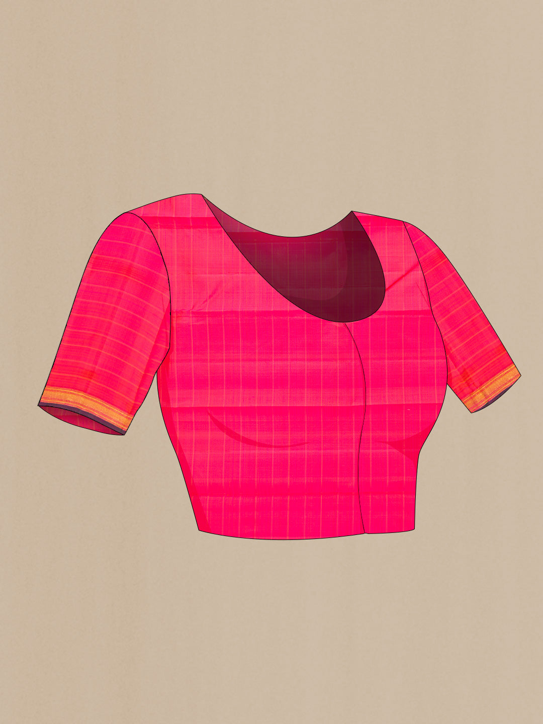 Close up image of the blouse of Orange Dual Tone Kanchipuram Silk Saree with Checked design on the body and Zari Border. 