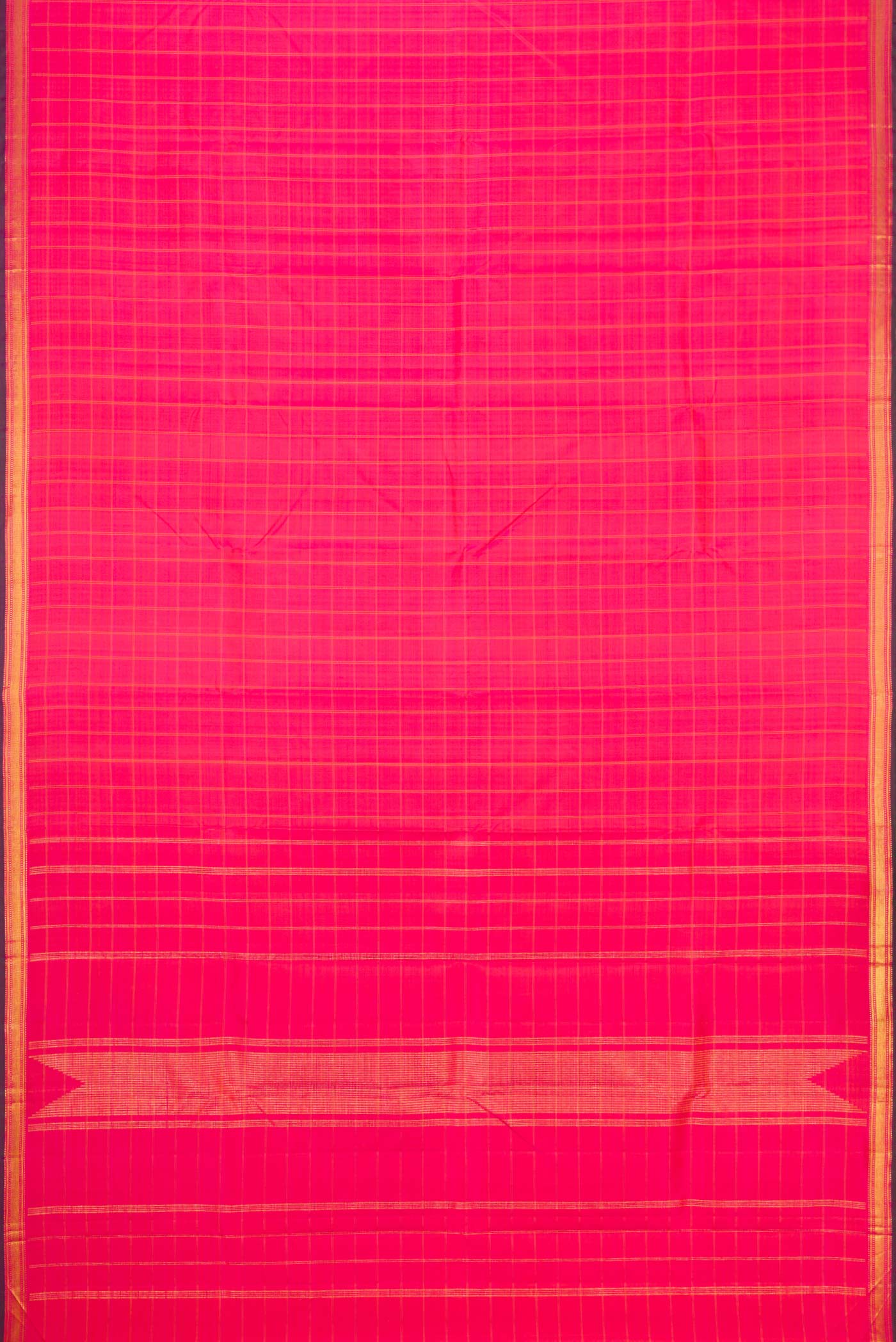 Flat view of Orange Dual Tone Kanchipuram Silk Saree with Checked design on the body and Zari Border. 