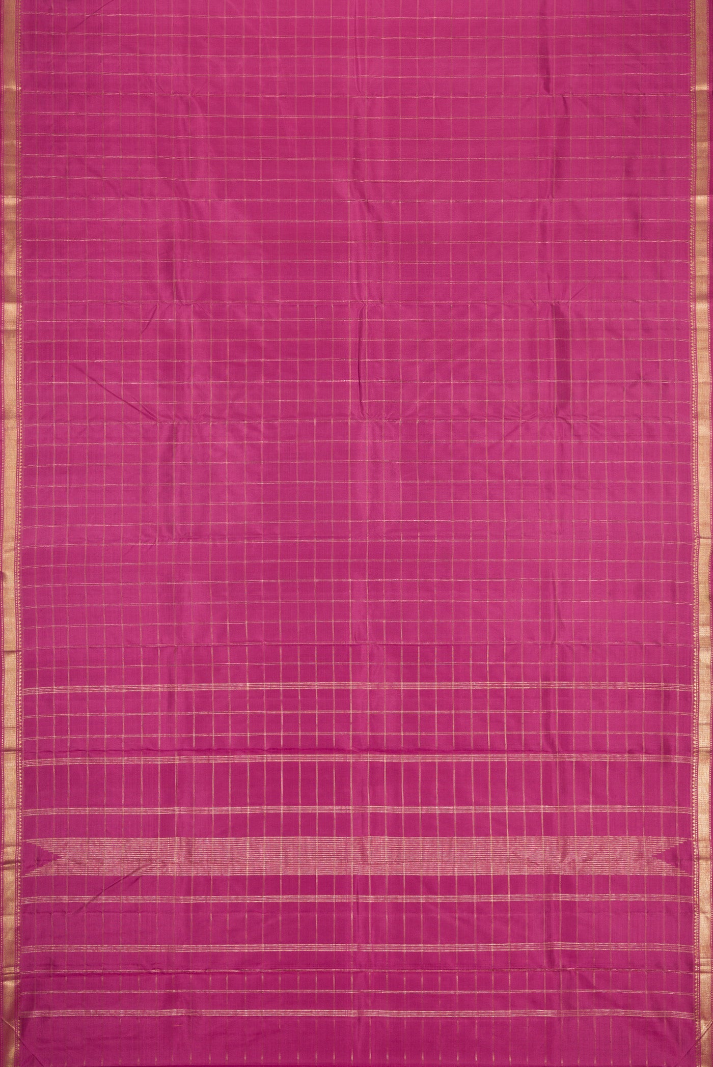 Flat view of Pink Dual Tone Kanchipuram Silk Saree with Checked design on the body and Zari Border. 