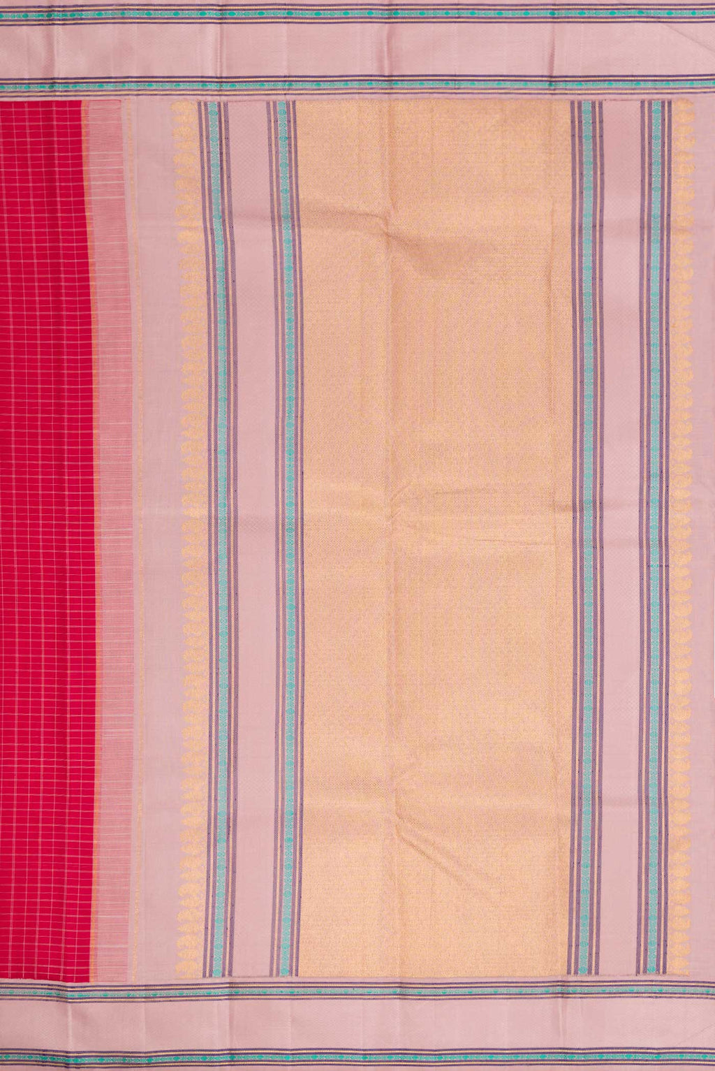 Close up image of the pallu of Pure Silk Pure Zari Maroon Dual Tone Kanjivaram Saree with Checked design on the body and Zari And Thread Border. 