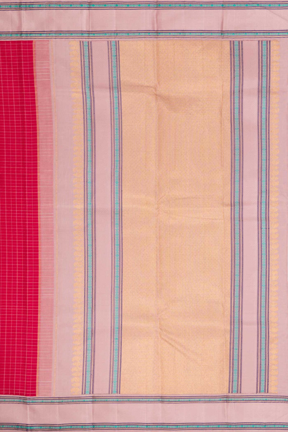 Close up image of the pallu of Pure Silk Pure Zari Maroon Dual Tone Kanjivaram Saree with Checked design on the body and Zari And Thread Border. 