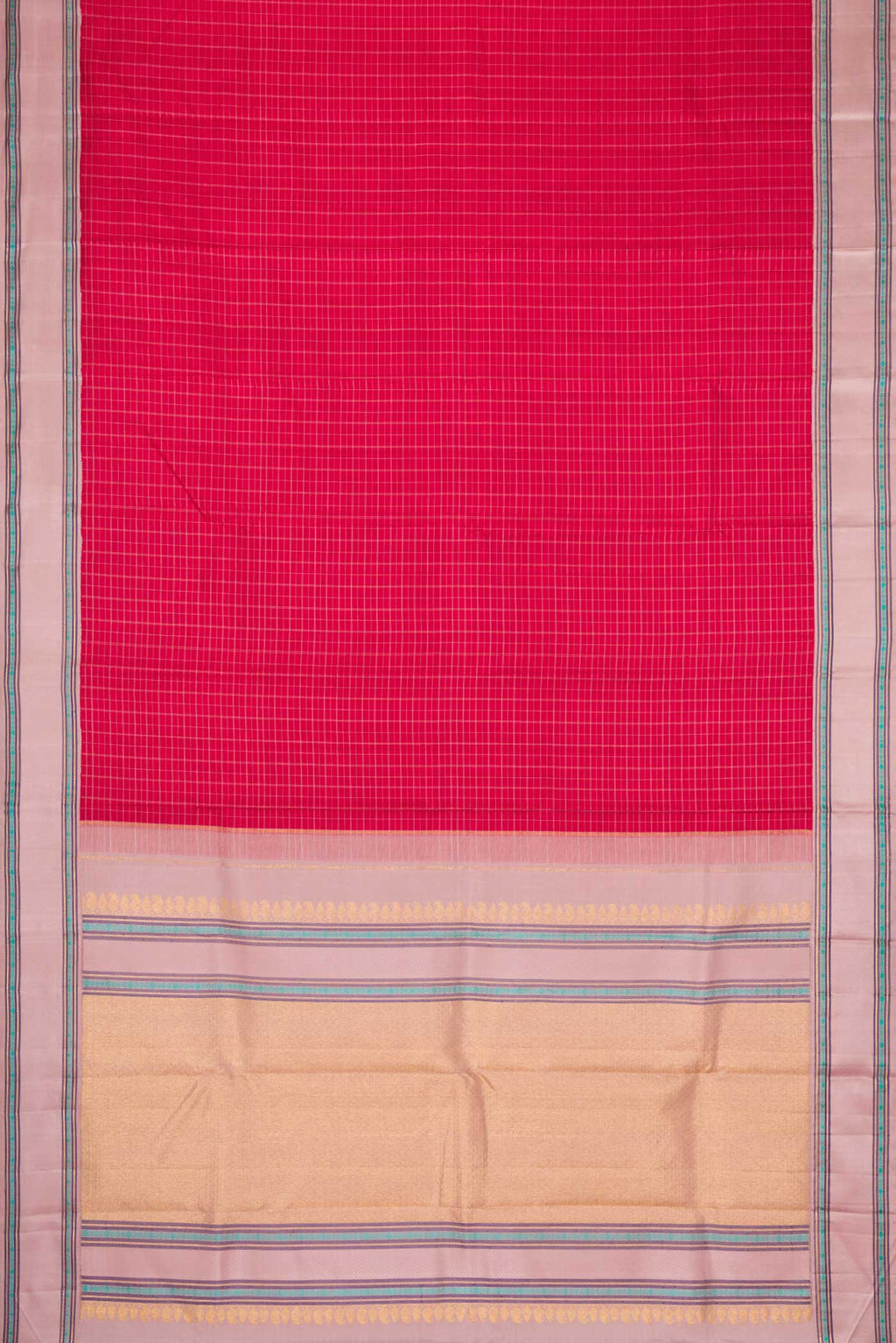 Flat view of Pure Silk Pure Zari Maroon Dual Tone Kanjivaram Saree with Checked design on the body and Zari And Thread Border. 