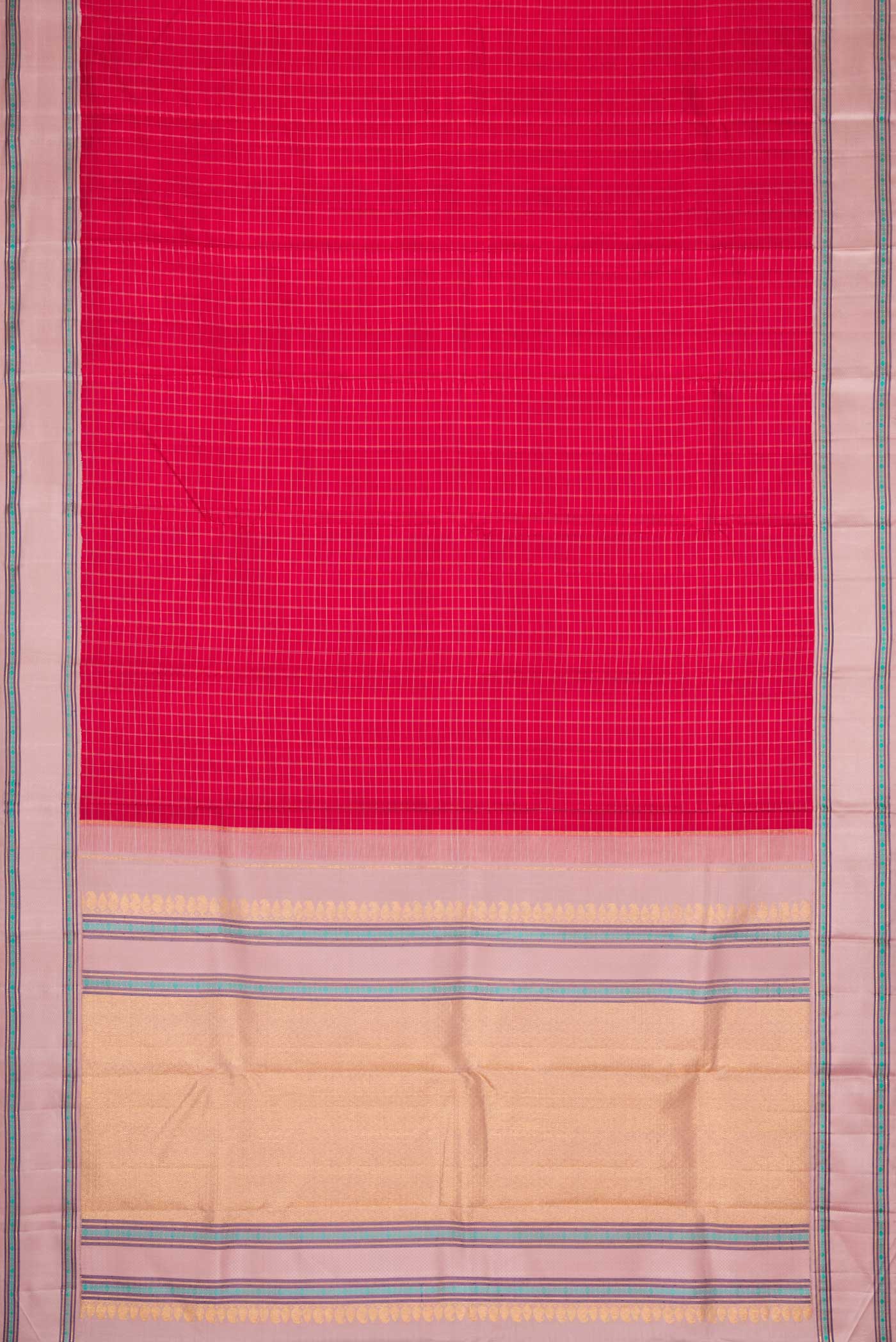 Flat view of Pure Silk Pure Zari Maroon Dual Tone Kanjivaram Saree with Checked design on the body and Zari And Thread Border. 